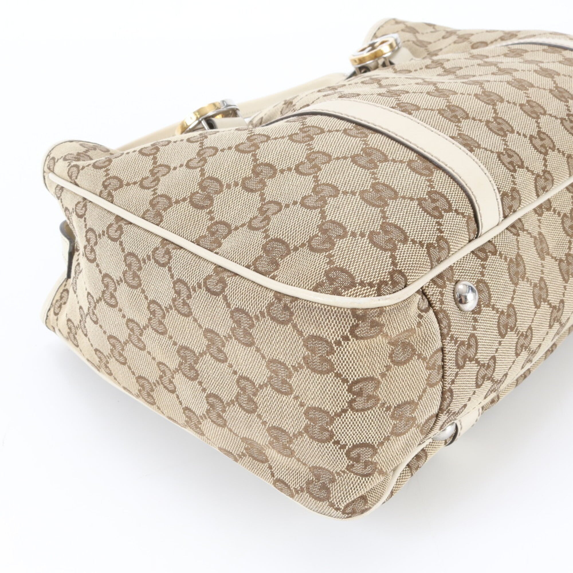 Gucci Beige White Leather Canvas Handbag Shoulder Bag Tote Bag (Pre-Owned)