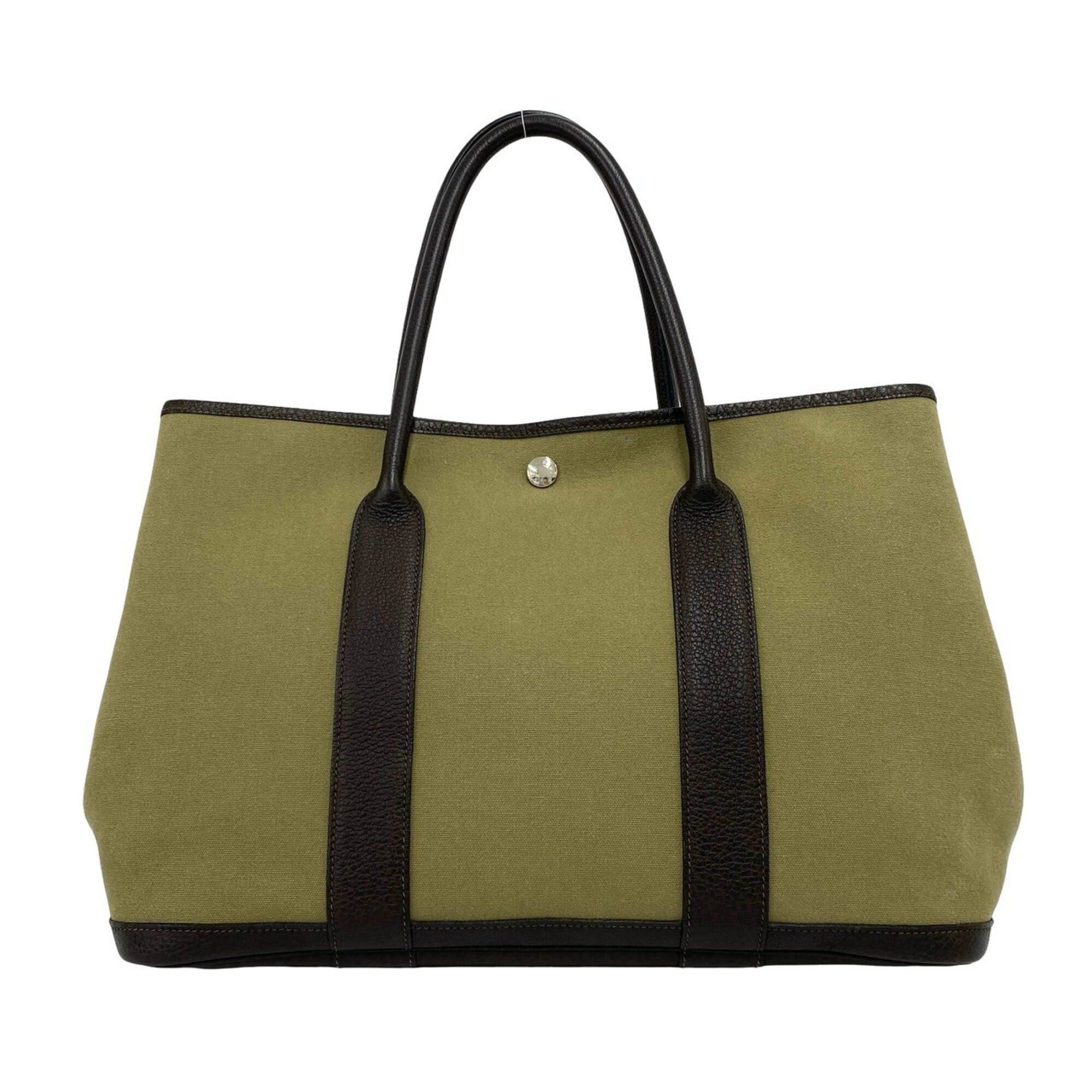 Hermes Brown Khaki Toile Officier Buffalo Leather Handbag Tote Bag (Pre-Owned)