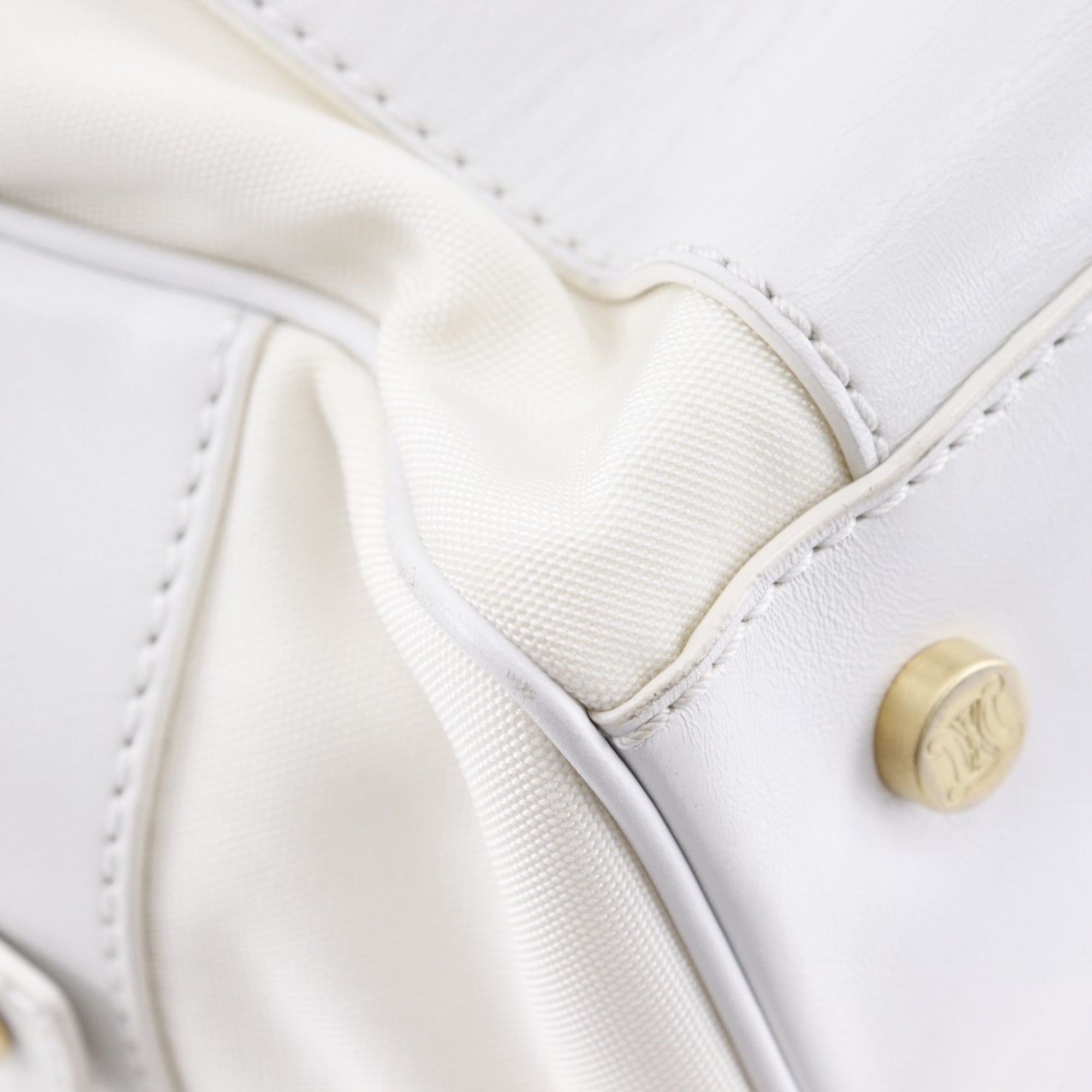 Celine White Nylon Canvas Leather Boston Bag Handbag (Pre-Owned)