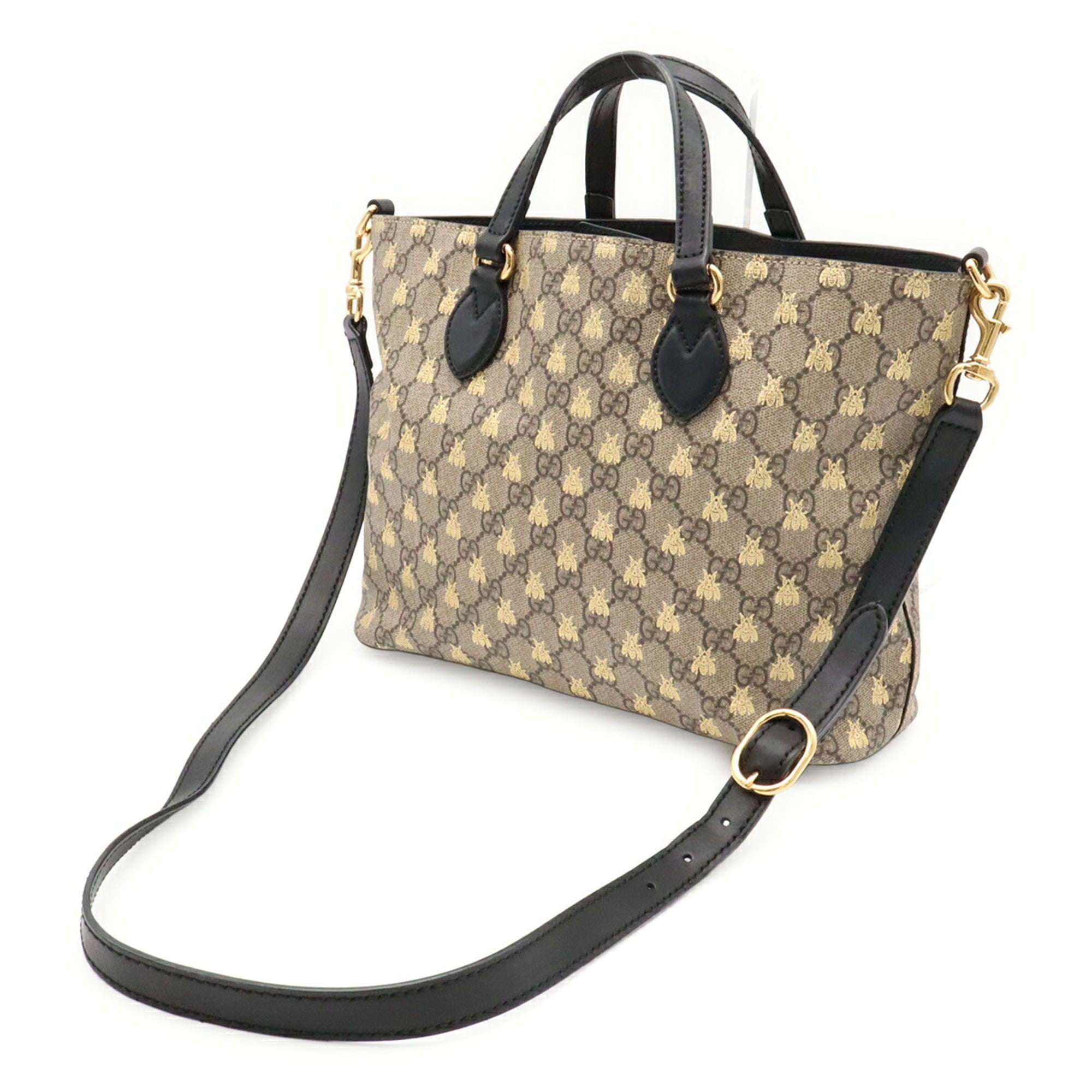 Gucci Beige Black Gold Gg Supreme Canvas Leather Handbag Shoulder Bag Tote Bag (Pre-Owned)