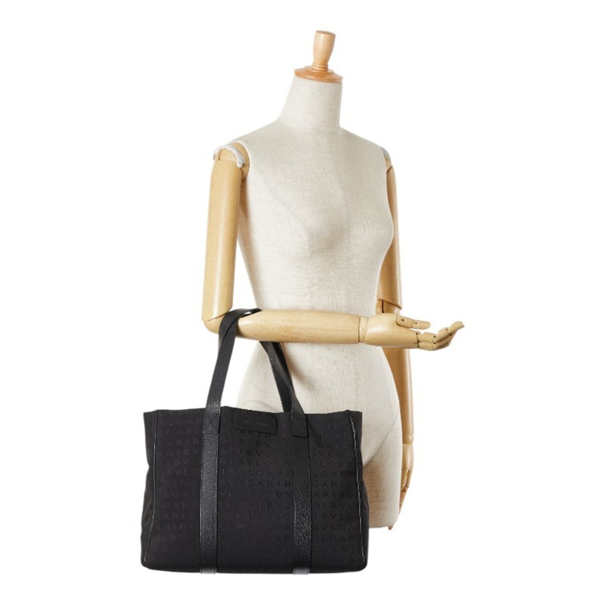 Bvlgari Logomania Black Canvas Leather Handbag Tote Bag (Pre-Owned)