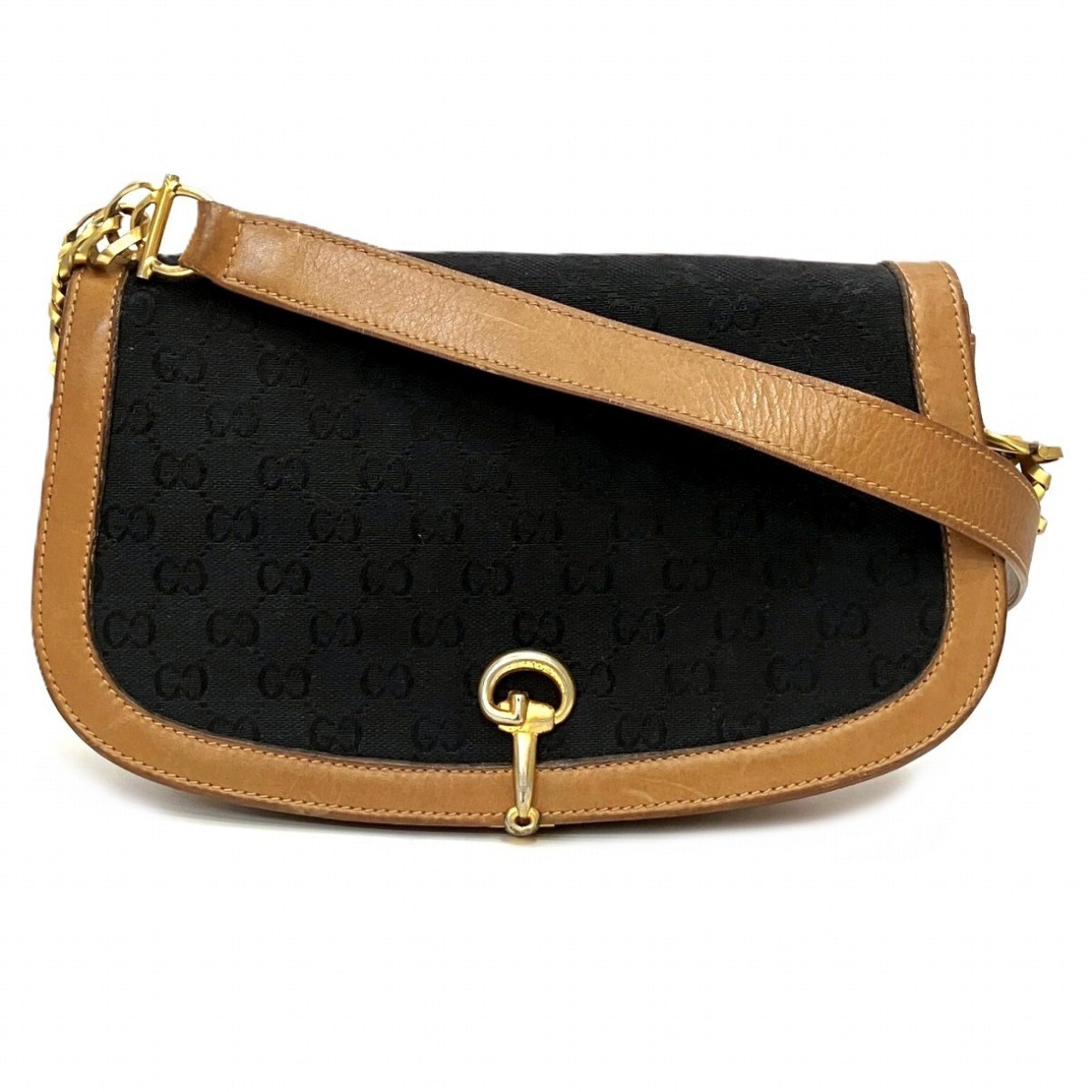 Gucci Horsebit Brown Canvas Leather Shoulder Bag (Pre-Owned)