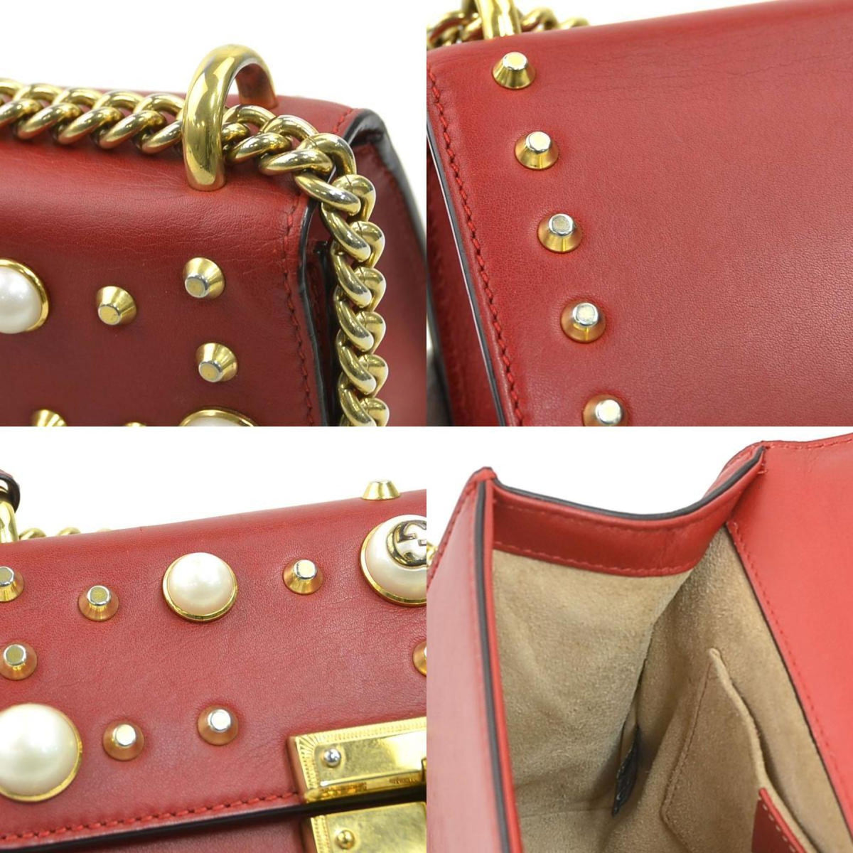 Gucci Red Color Leather Artificial Pearl Metal Shoulder Bag (Pre-Owned)