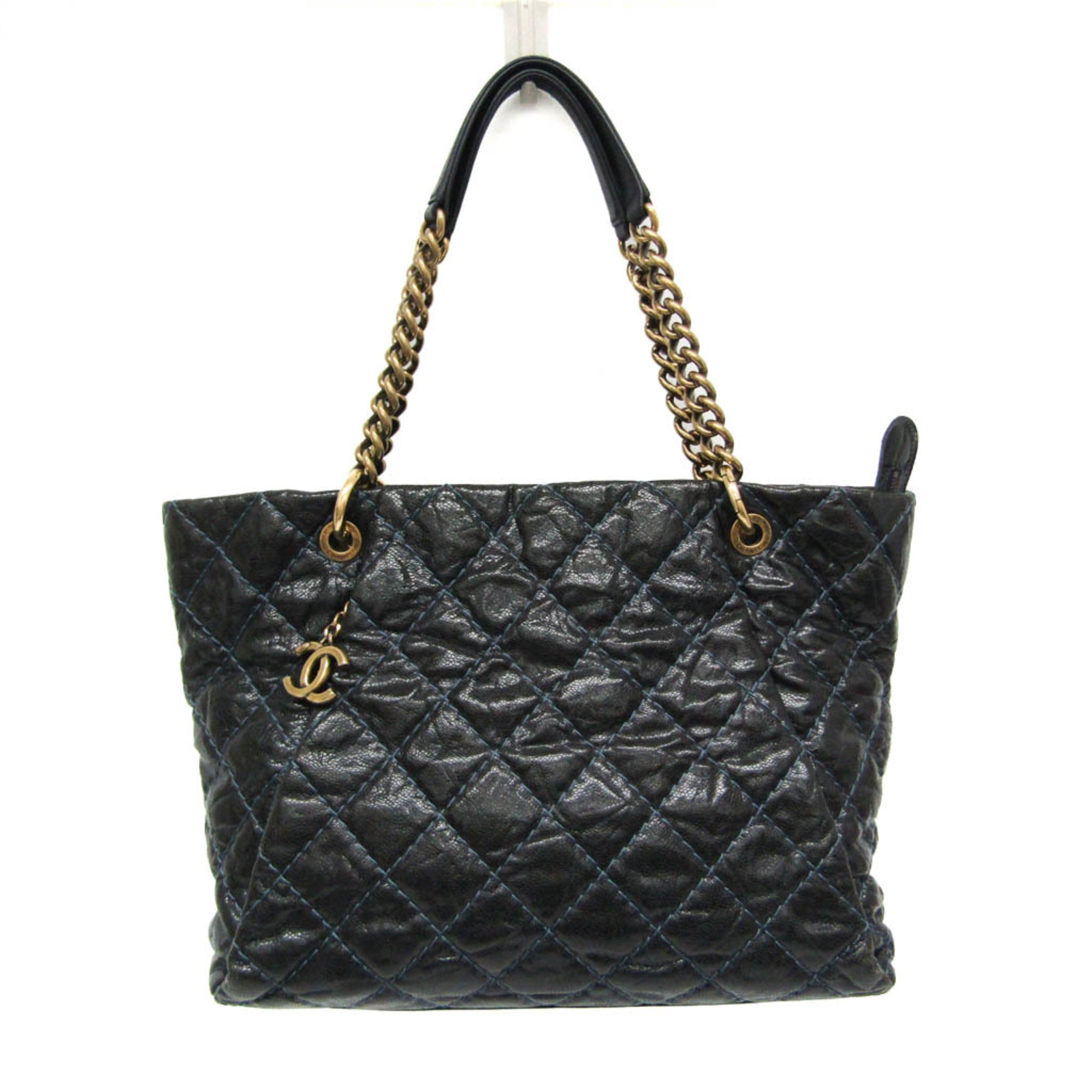 Chanel Matelasse Black Navy Grained Calfskin Tote Bag (Pre-Owned)