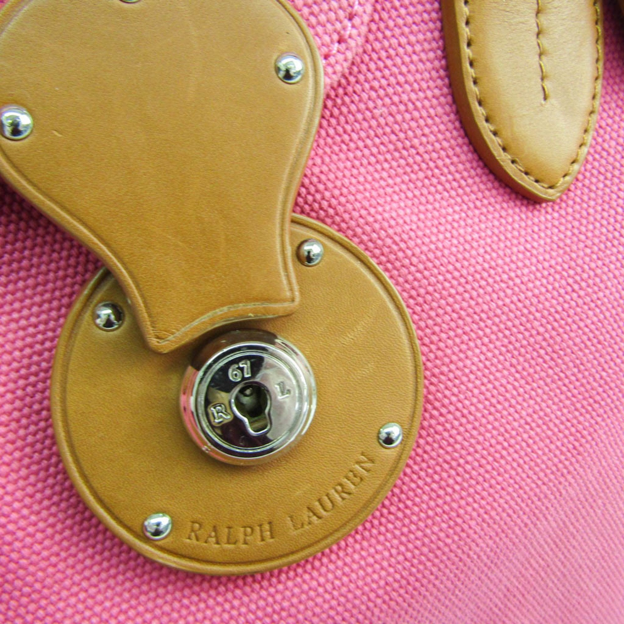 Ralph Lauren Ricky Brown Pink Leather Canvas Handbag Shoulder Bag (Pre-Owned)