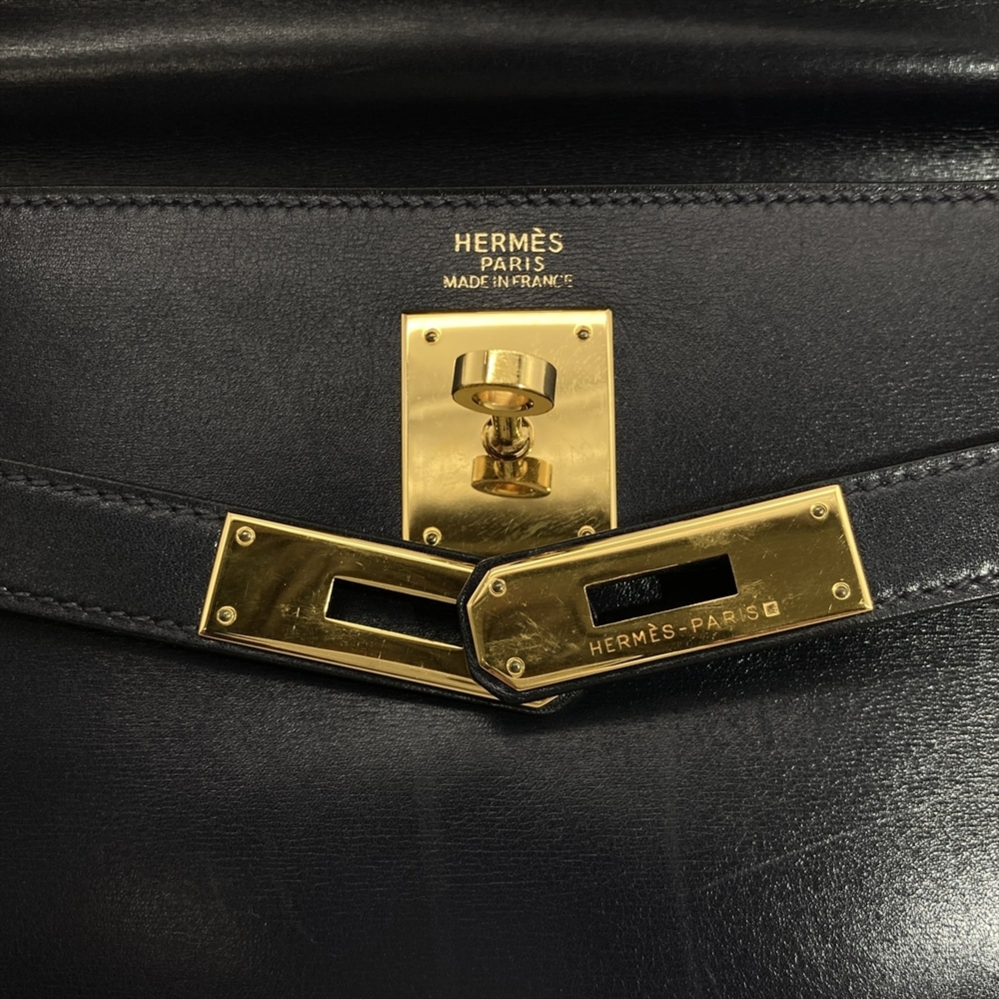 Hermes Navy Box Calf Leather Handbag (Pre-Owned)