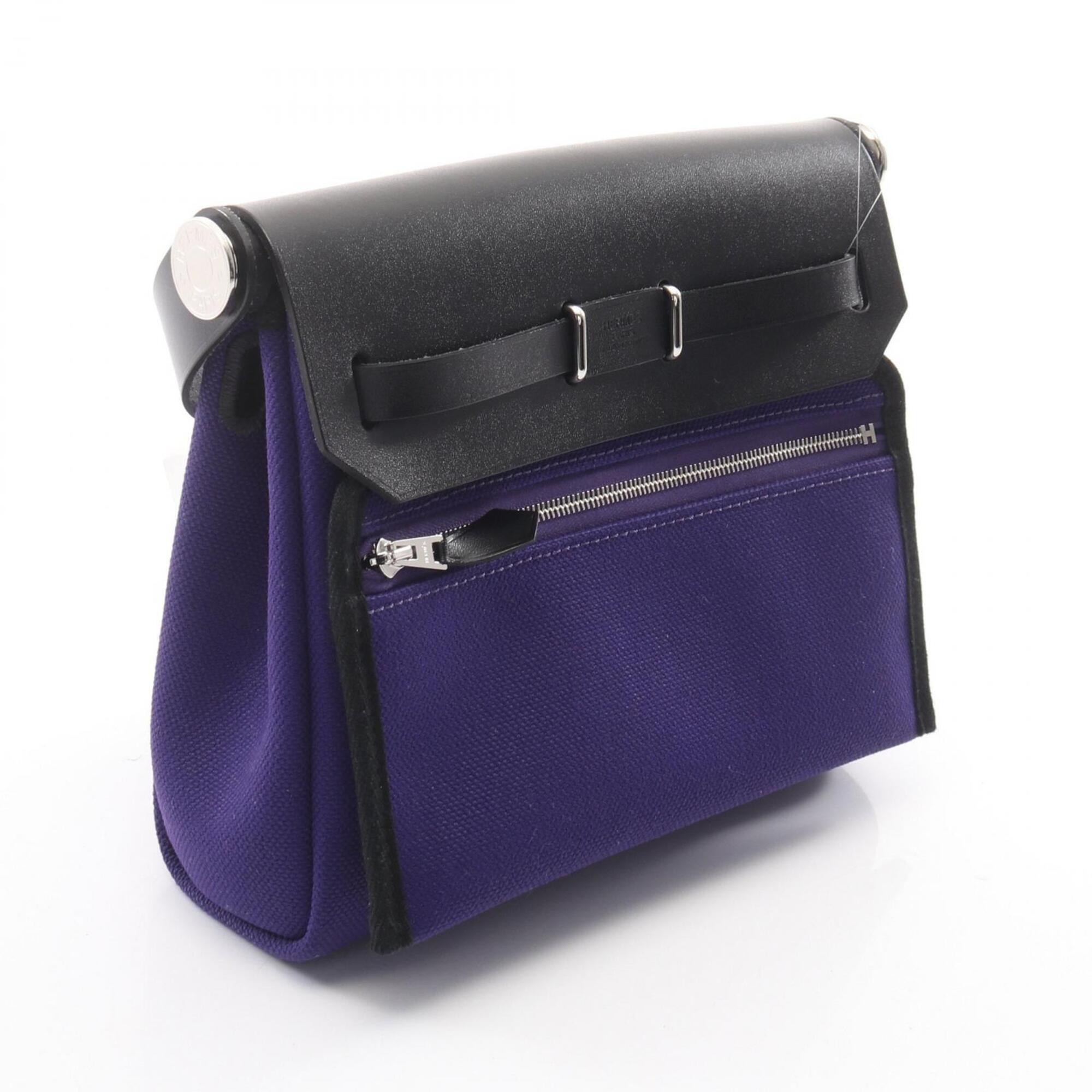Hermes Black Purple Canvas Leather Handbag Shoulder Bag (Pre-Owned)