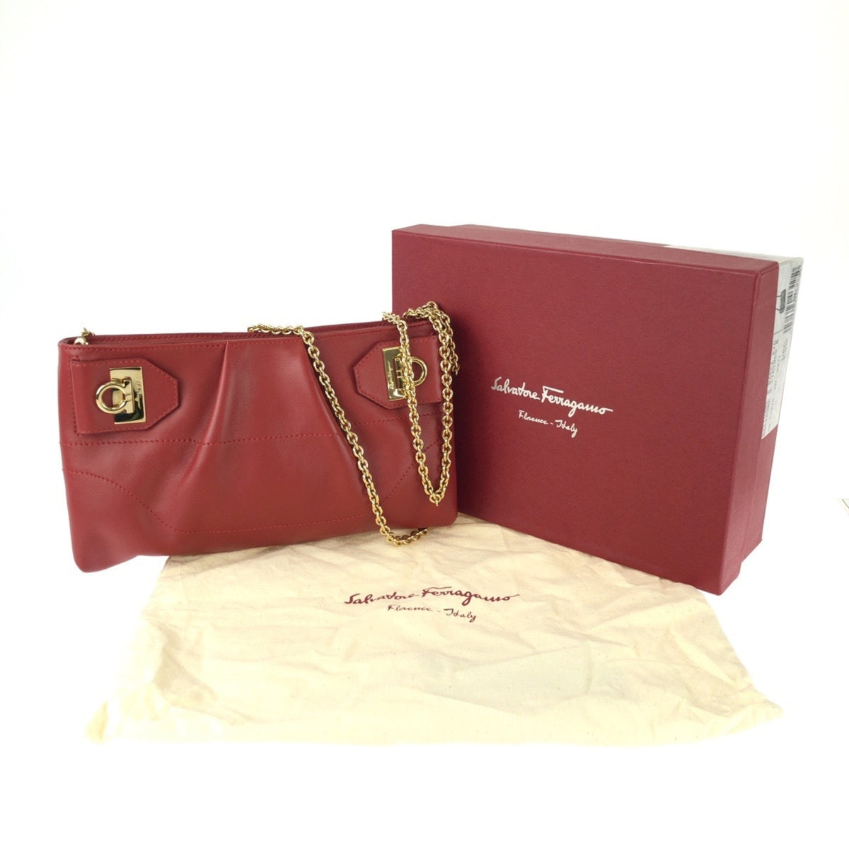 Salvatore Ferragamo Red Color Leather Clutch Bag Shoulder Bag (Pre-Owned)