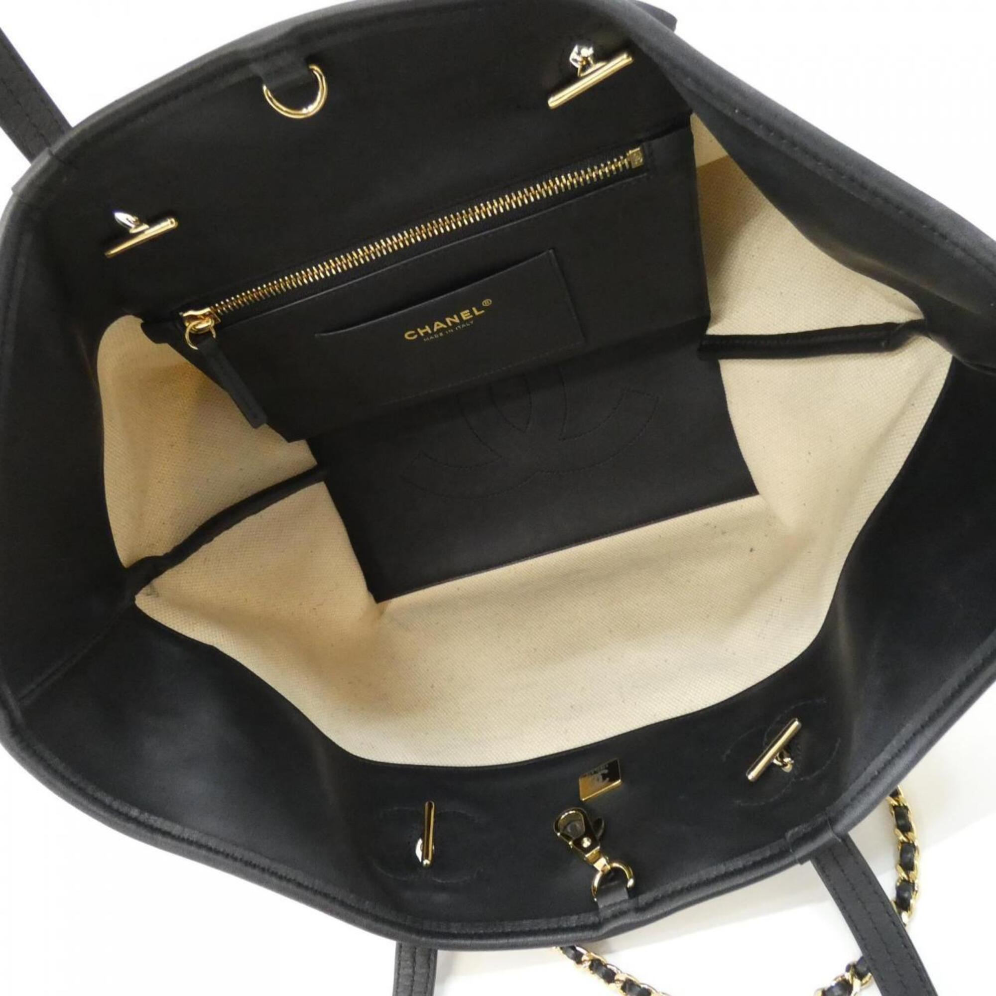 Chanel Black Ivory Canvas Leather Handbag (Pre-Owned)