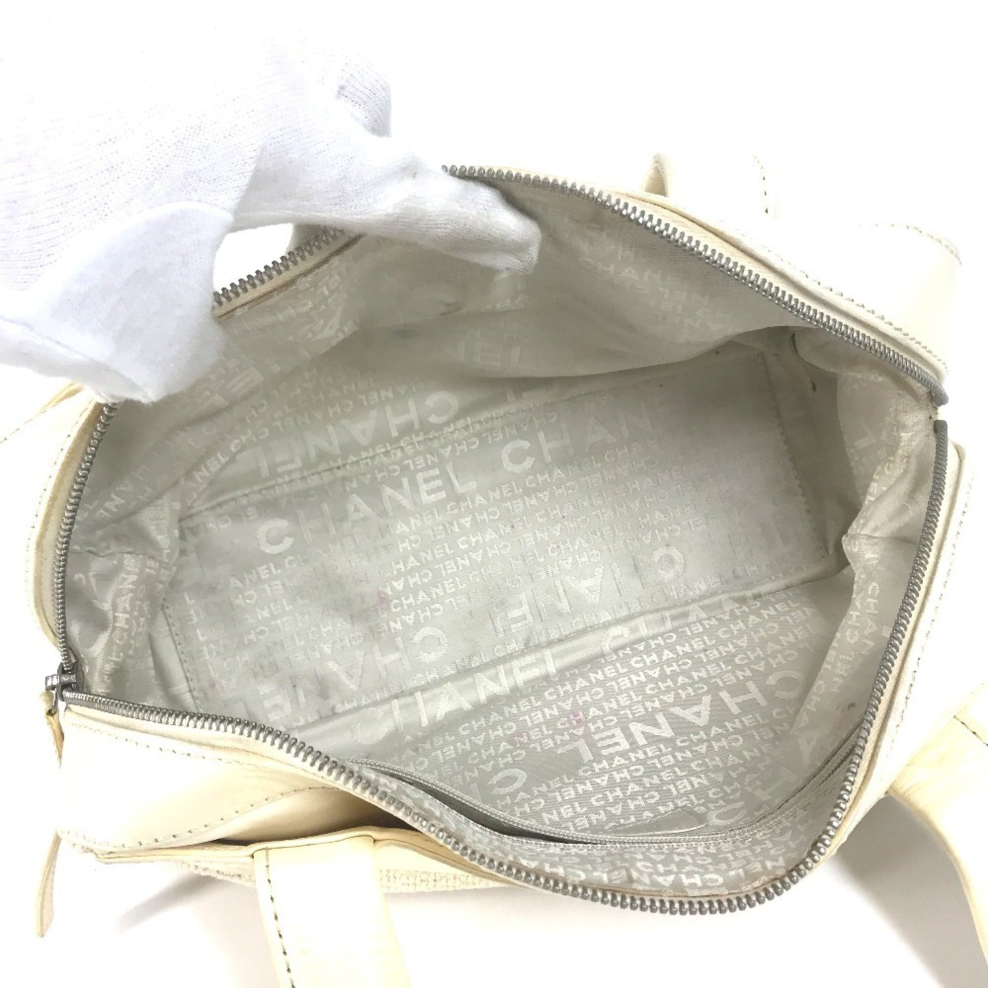 Chanel Beige Ivory Leather Canvas Handbag Shoulder Bag (Pre-Owned)