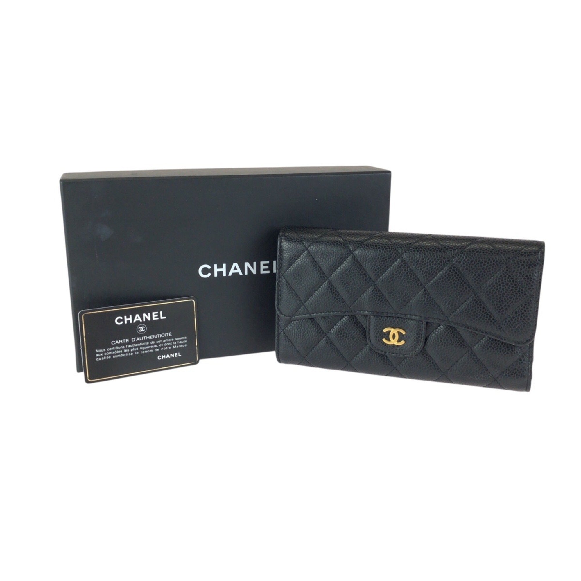 Chanel Black Grained Calfskin Long Wallet (Tri-Fold) (Pre-Owned)