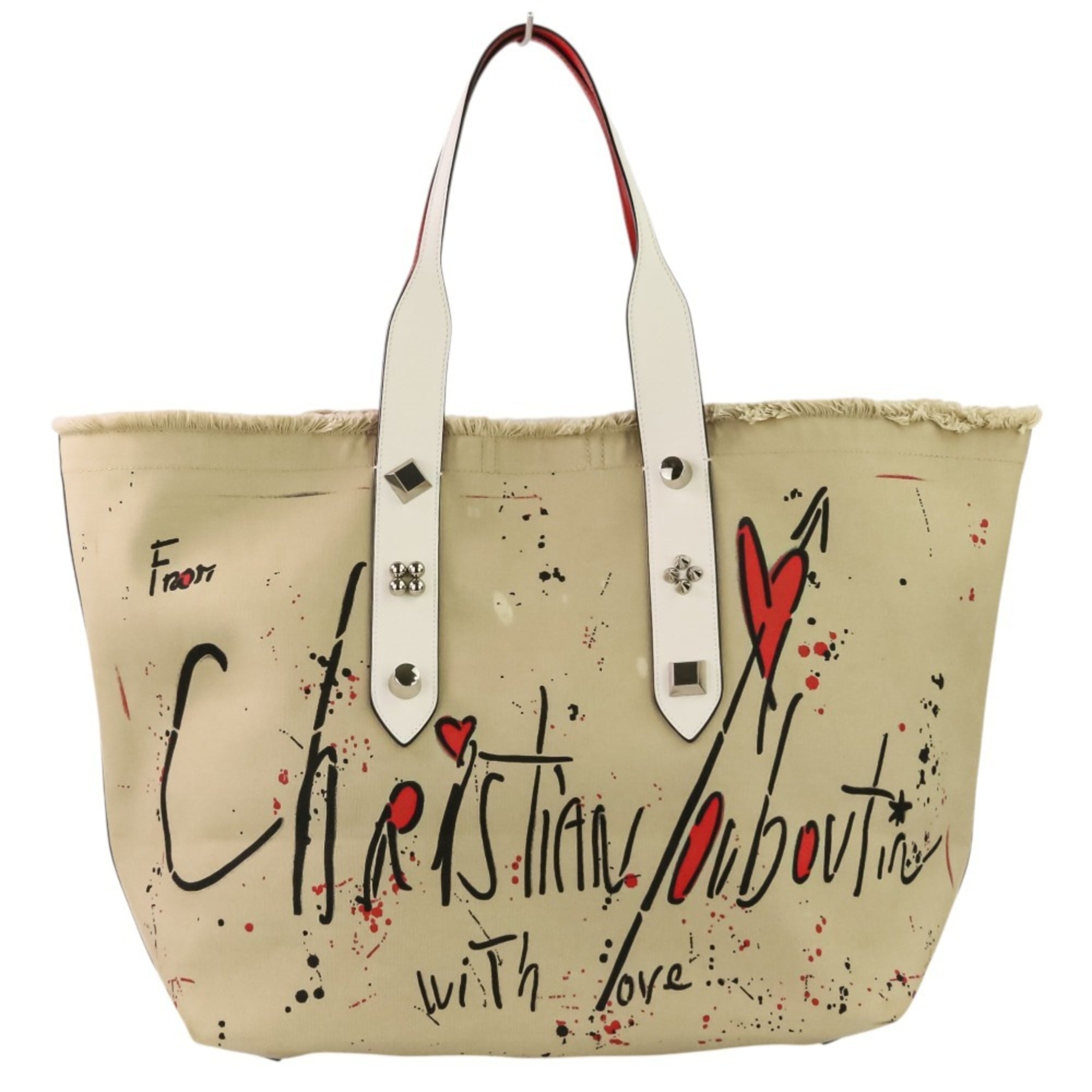Christian Louboutin Beige Red Color White Canvas Tote Bag (Pre-Owned)