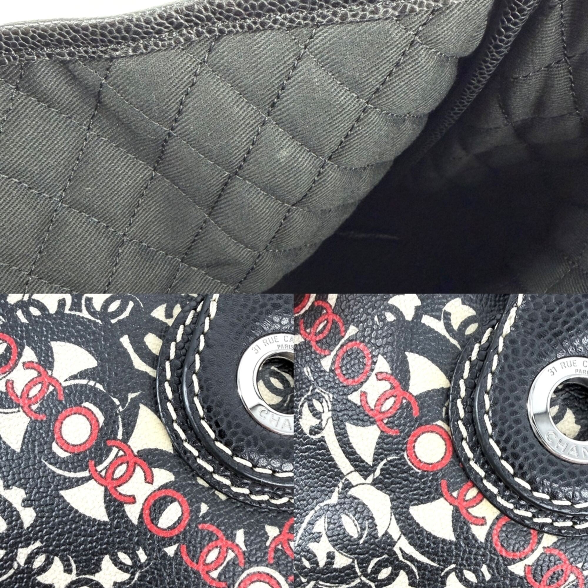 Chanel Black Red Color Coated Canvas Pvc Leather Handbag Pouch Tote Bag (Pre-Owned)
