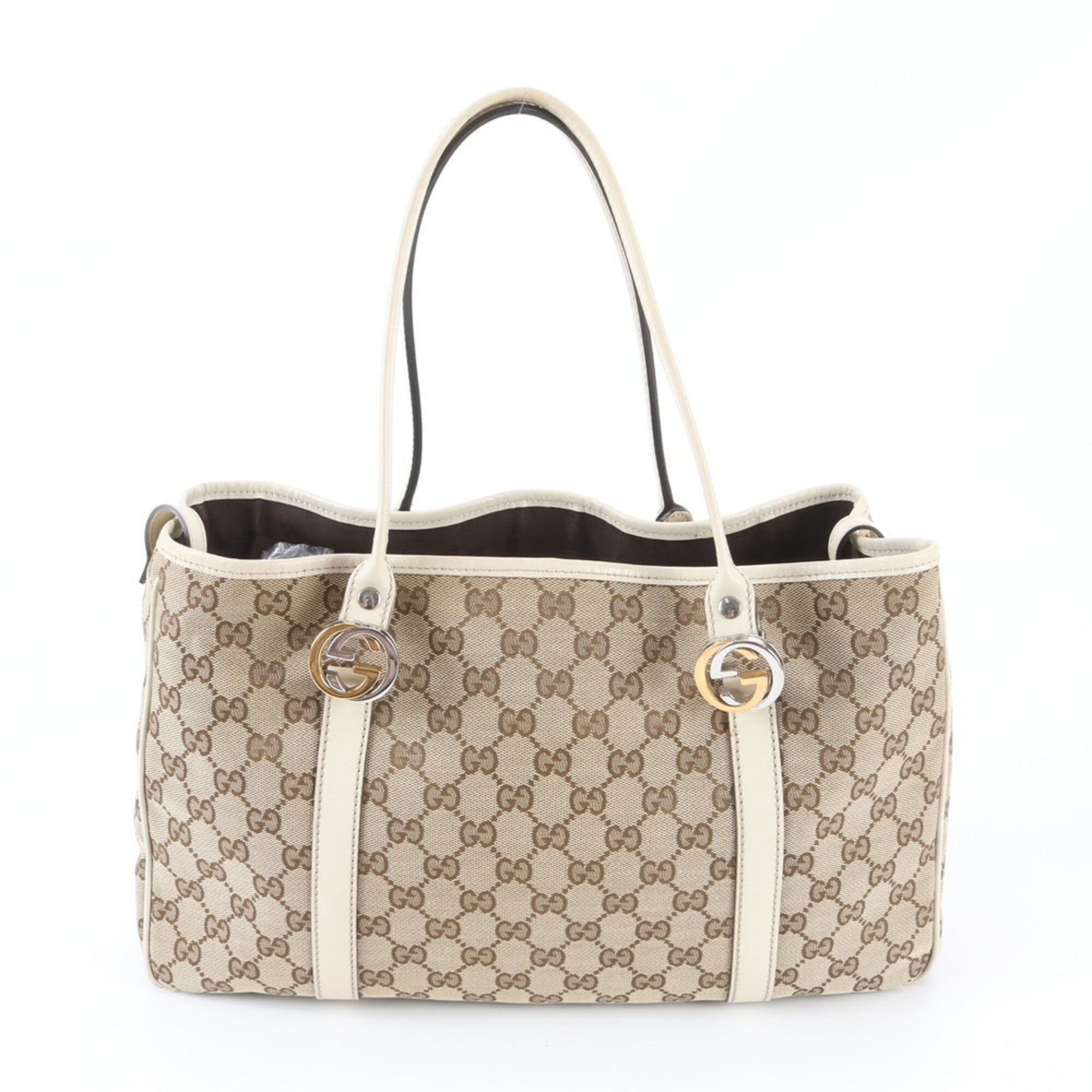 Gucci Beige White Leather Canvas Handbag Shoulder Bag Tote Bag (Pre-Owned)