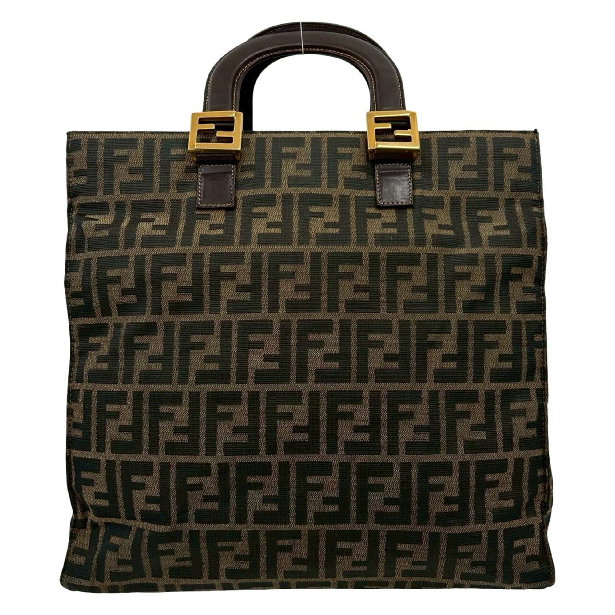 Fendi Black Brown Khaki Canvas Leather Handbag Tote Bag (Pre-Owned)