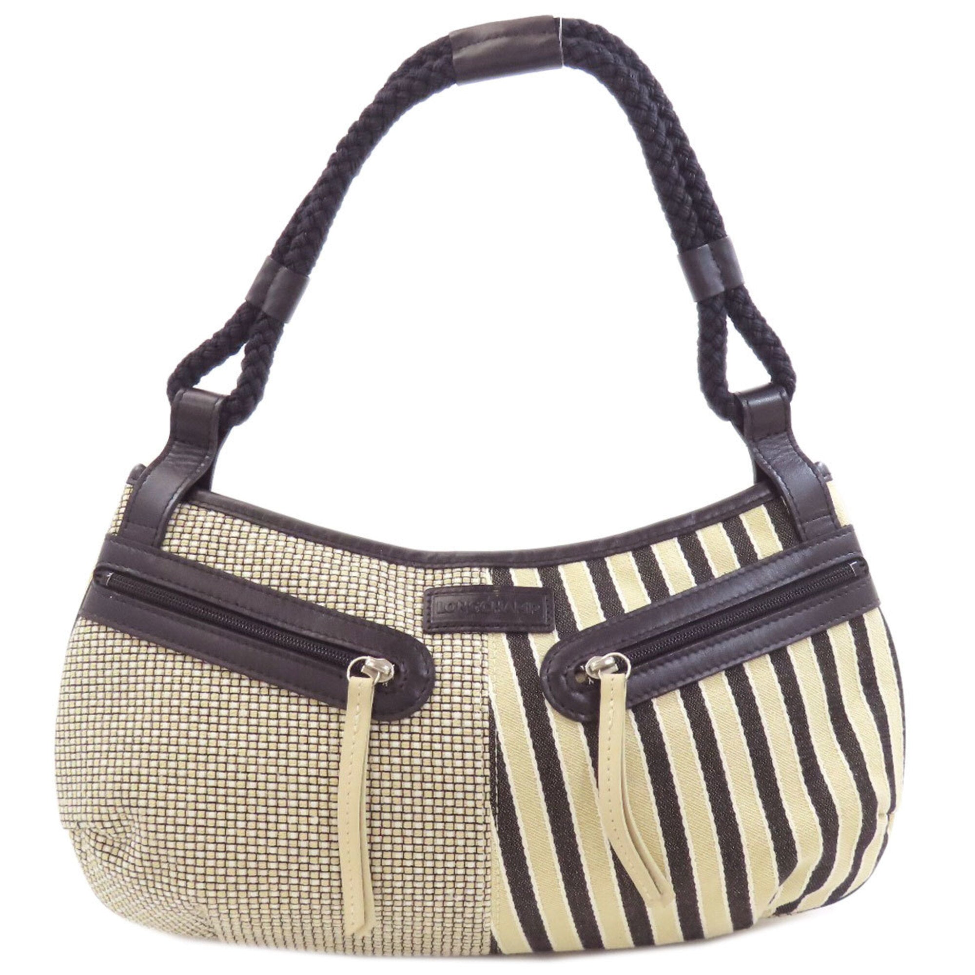 Longchamp Beige Black Canvas Handbag (Pre-Owned)