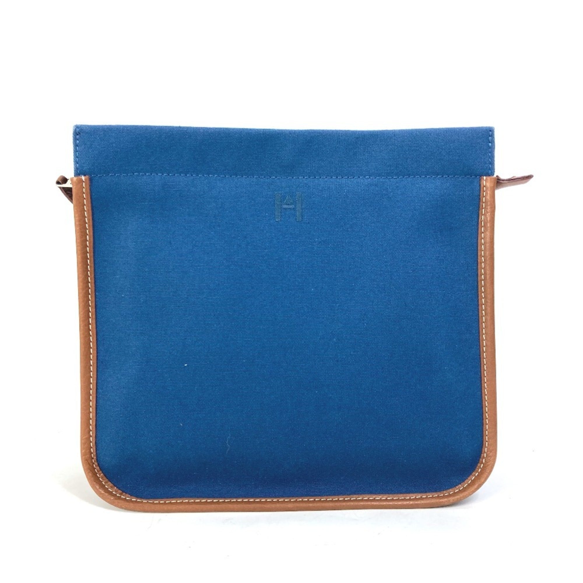 Hermes Brown Navy Canvas Leather Clutch Bag Pouch (Pre-Owned)