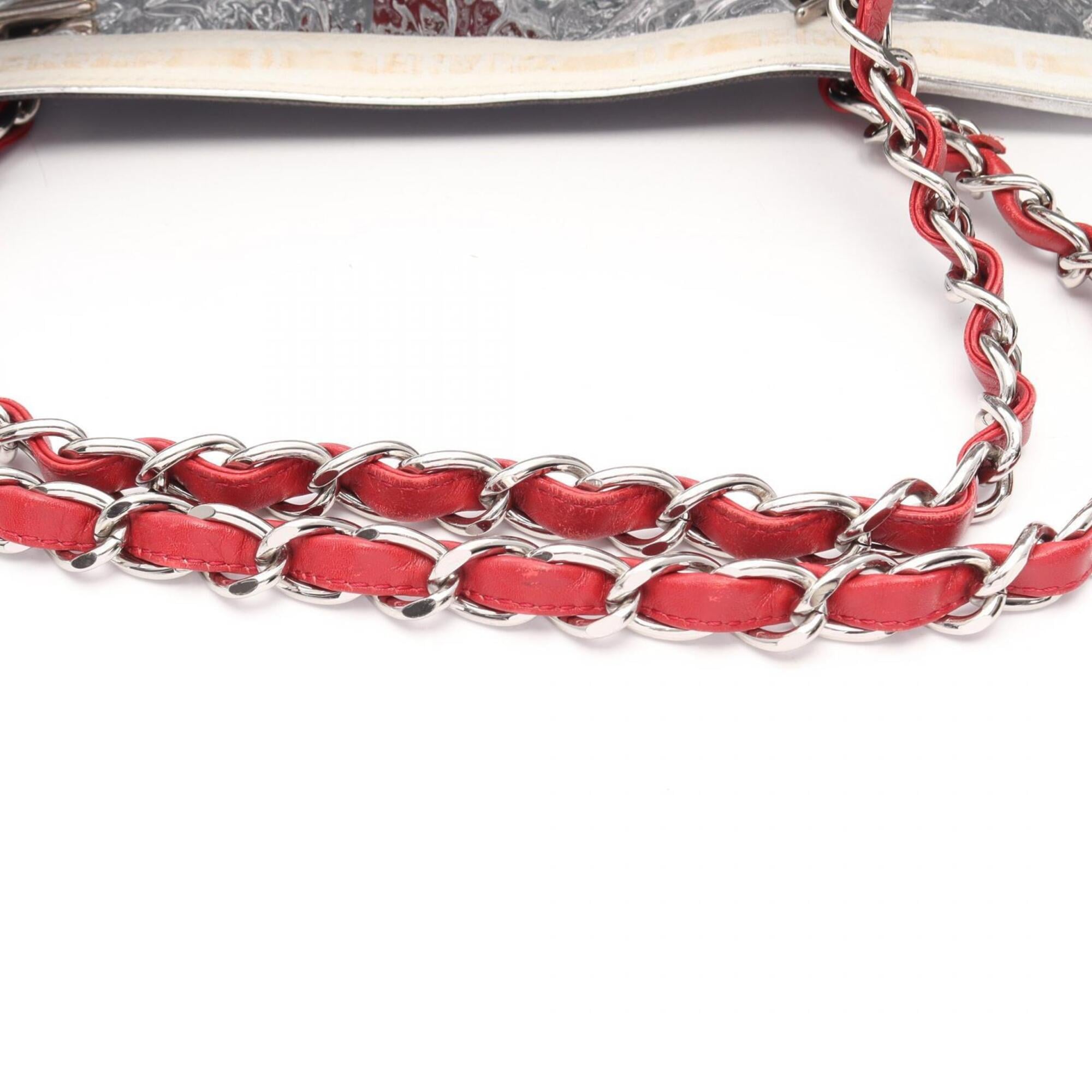 Chanel Navy Red Color Silver Canvas Leather Handbag Tote Bag (Pre-Owned)