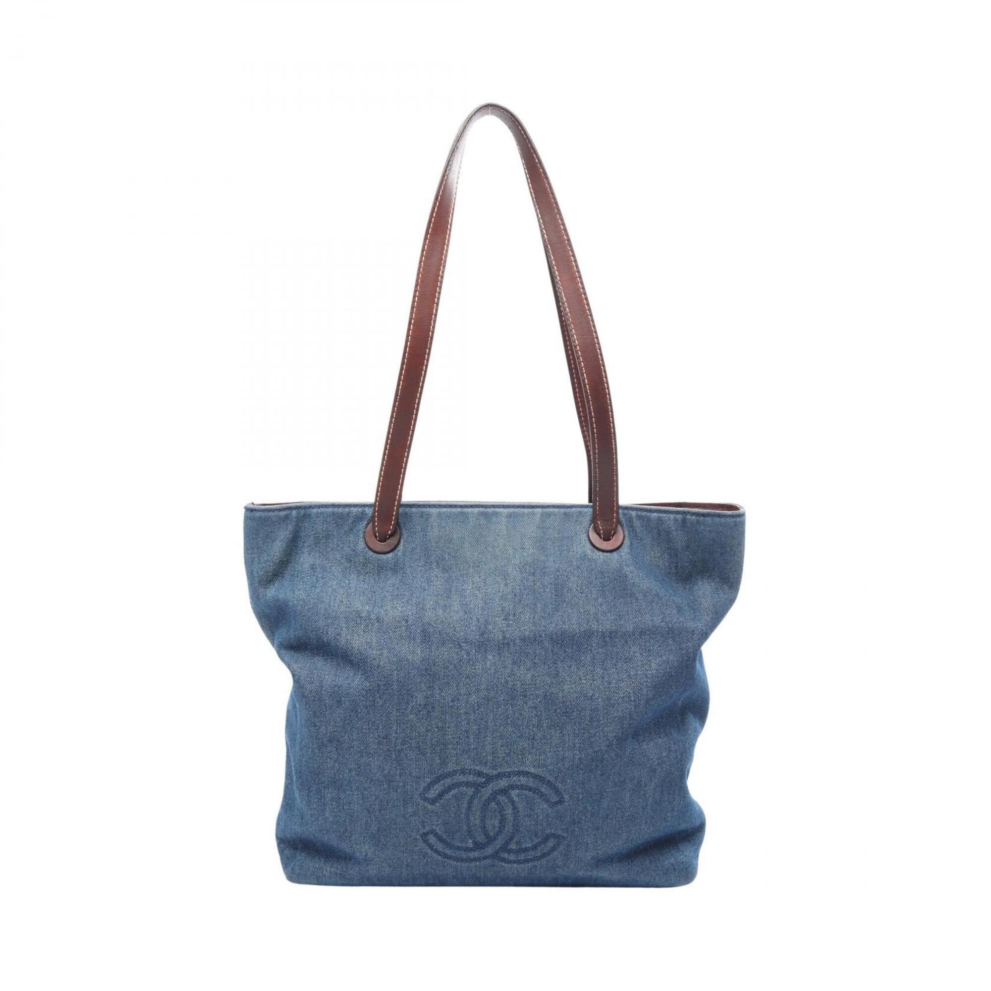 Chanel Brown Navy Denim Leather Handbag Tote Bag (Pre-Owned)