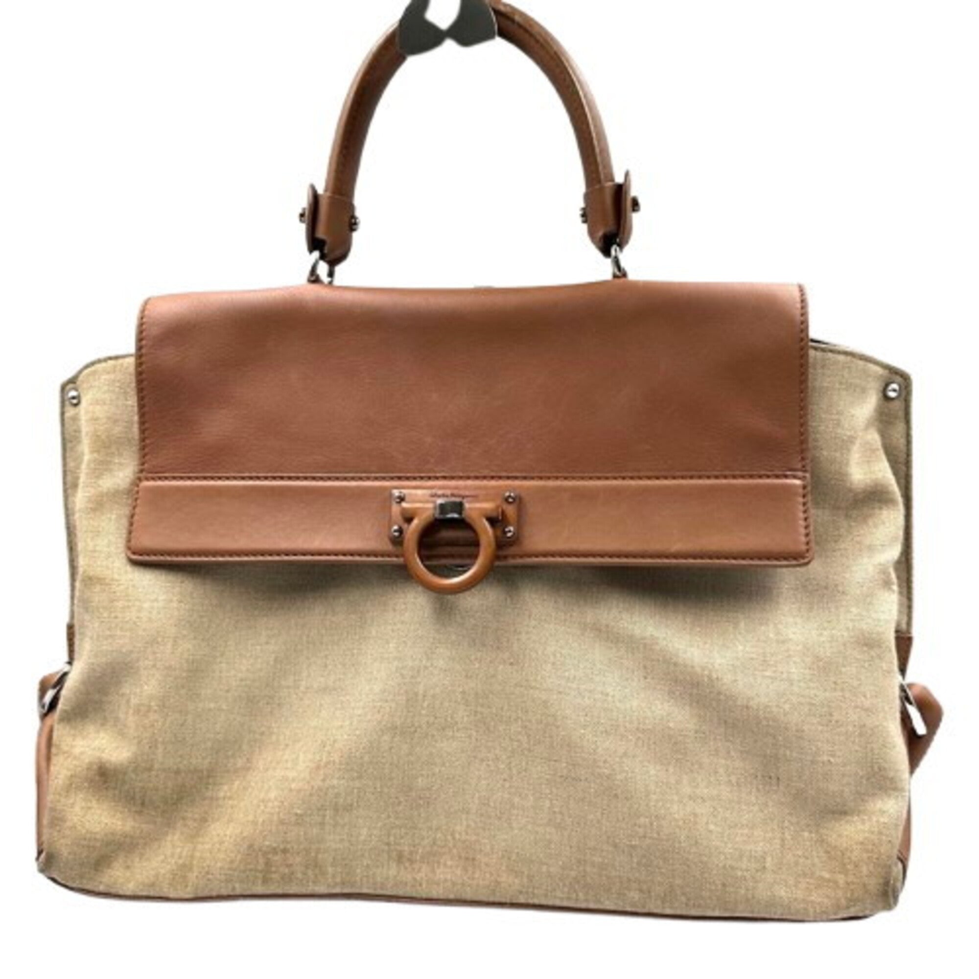 Salvatore Ferragamo Beige Brown Canvas Leather Handbag (Pre-Owned)