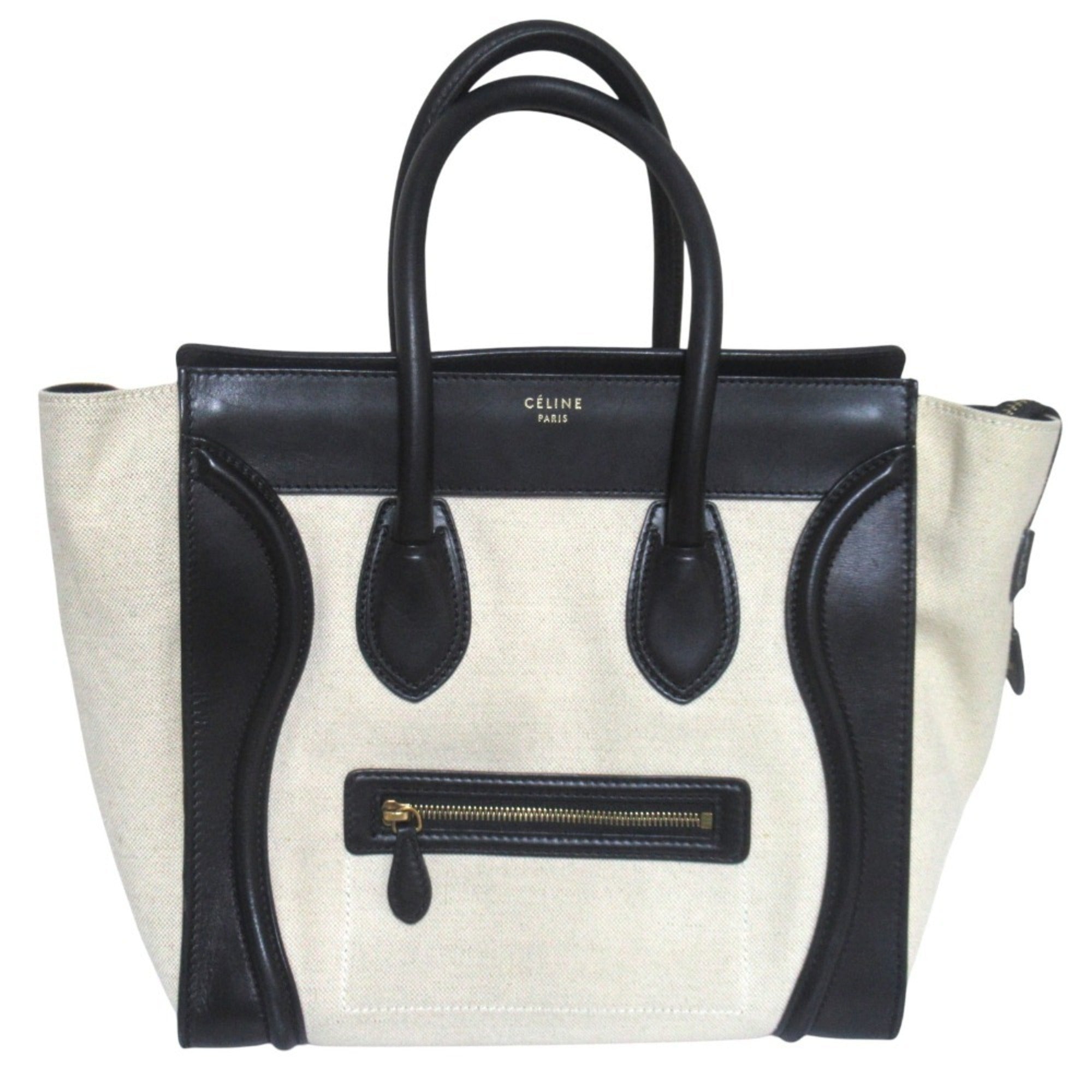 Celine Luggage Black Light Beige Canvas Leather Tote Bag (Pre-Owned)