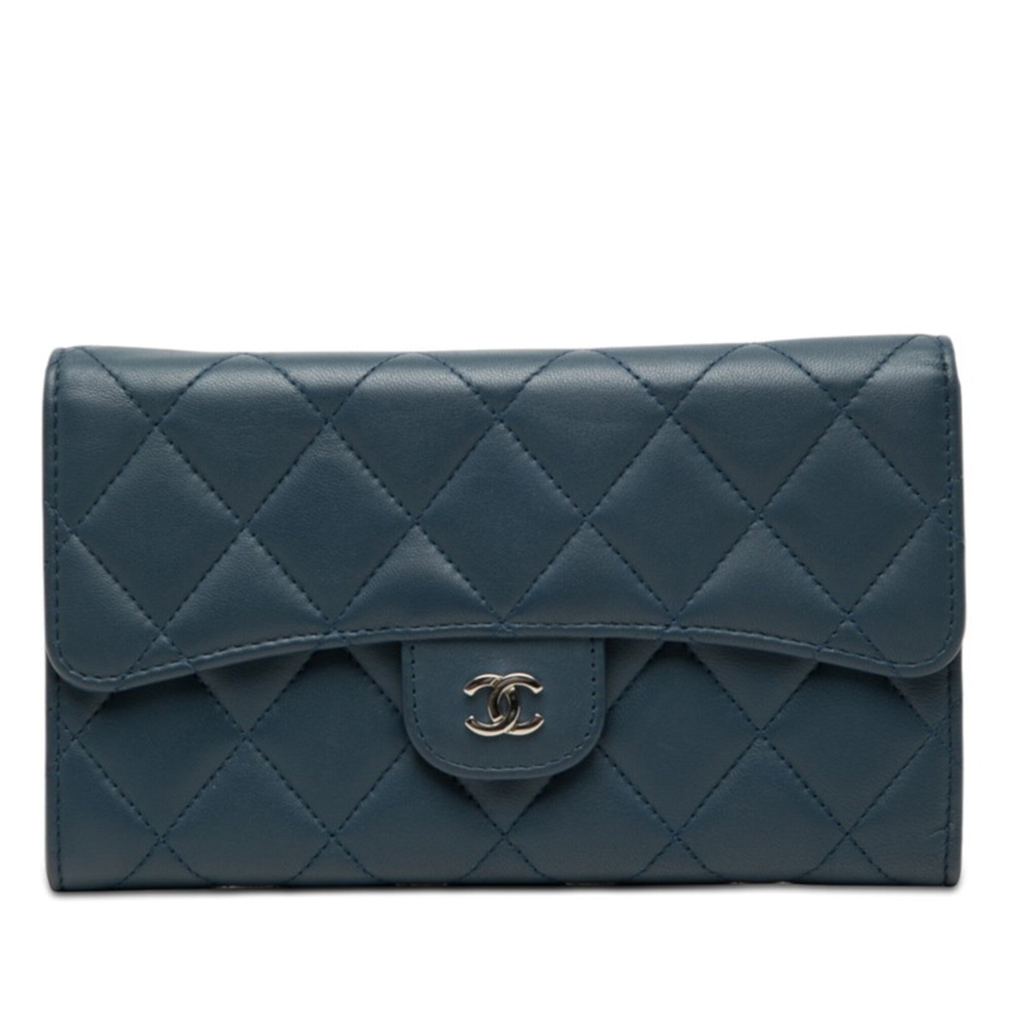 Chanel Navy Leather Long Wallet (Bi-Fold) (Pre-Owned)
