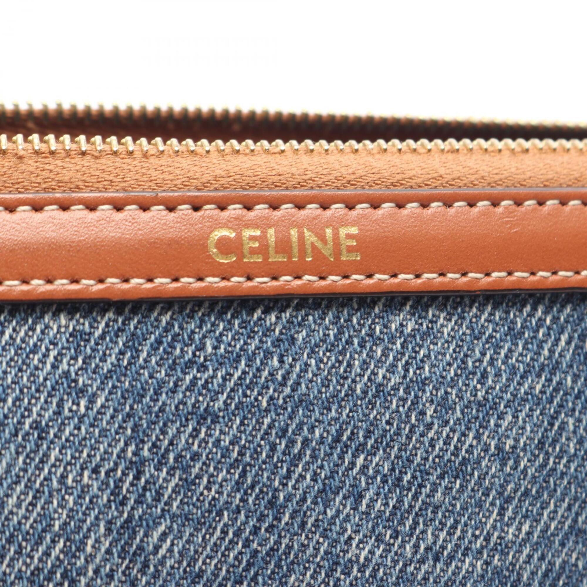 Celine Brown Navy Denim Leather Clutch Bag Handbag (Pre-Owned)