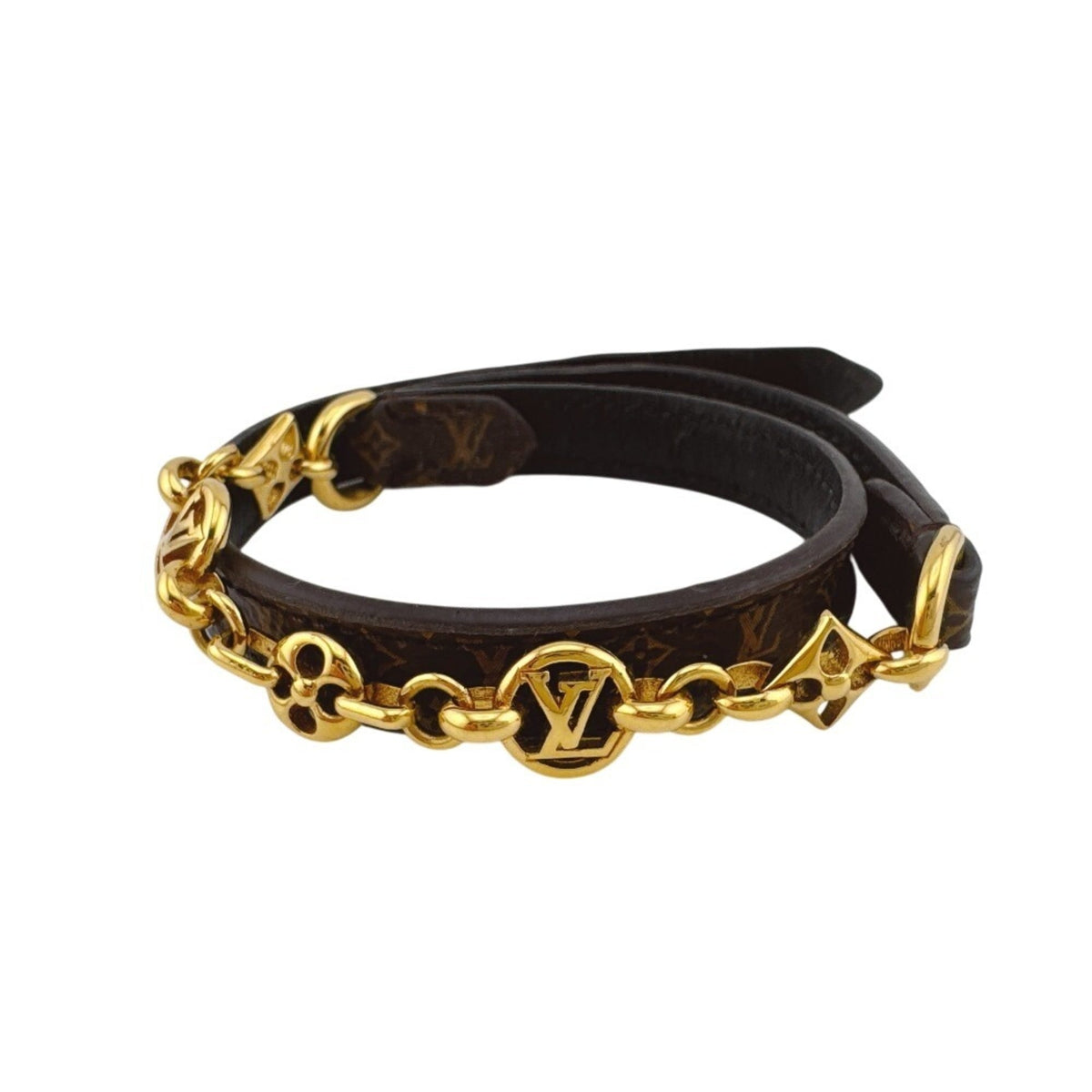 Louis Vuitton Monogram Gold Brown Leather Bangle (Pre-Owned)
