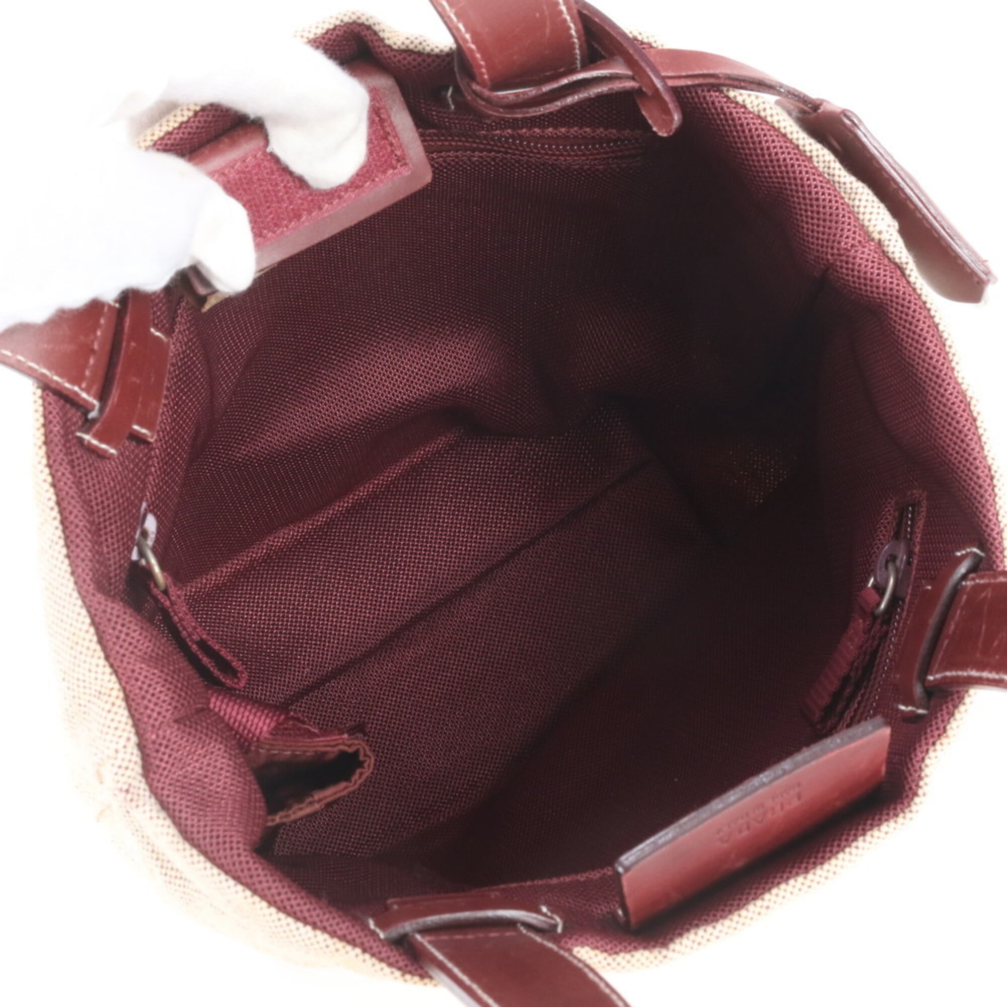 Prada Beige Red Color Wine Leather Canvas Handbag Shoulder Bag Tote Bag (Pre-Owned)