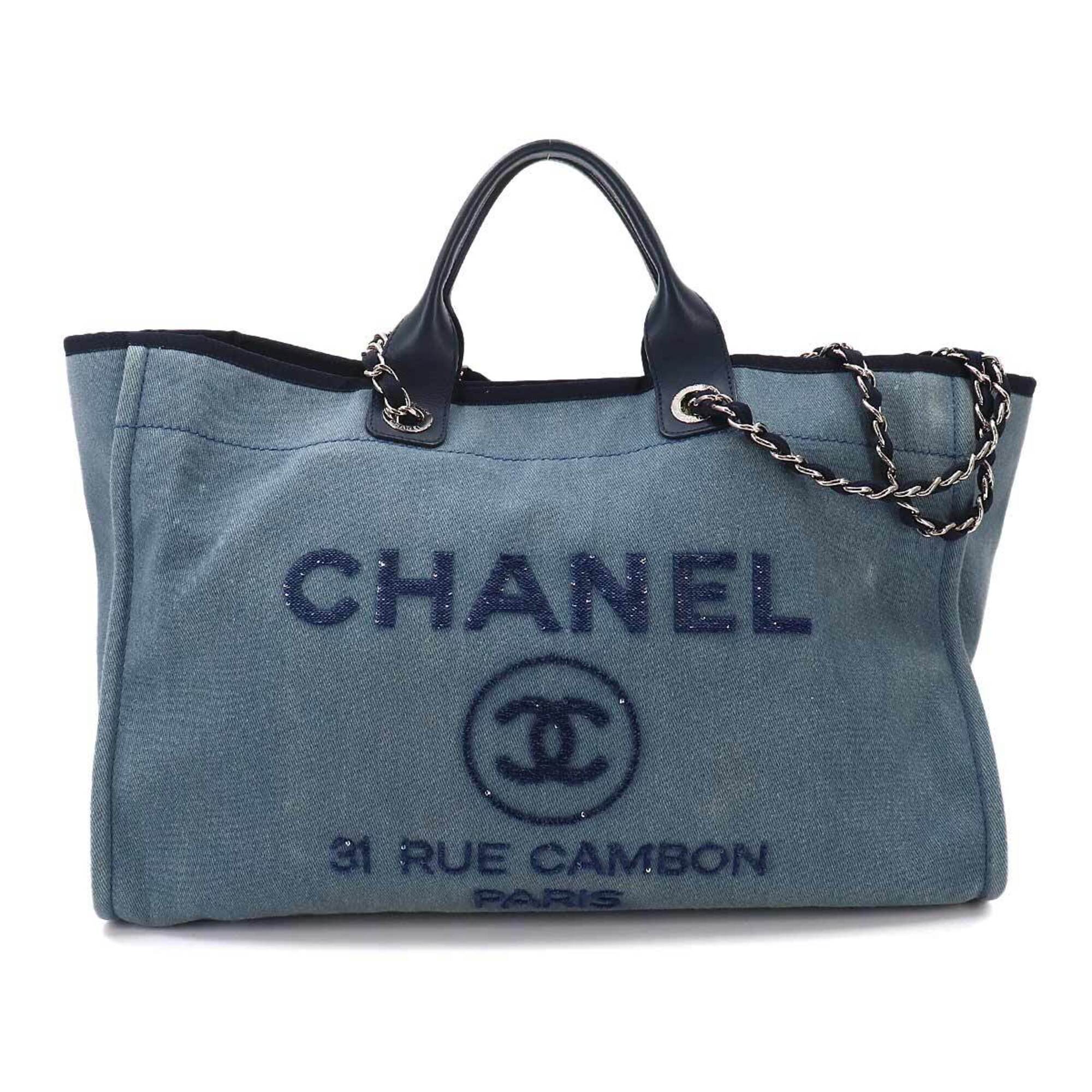 Chanel Blue Denim Leather Shoulder Bag Tote Bag (Pre-Owned)