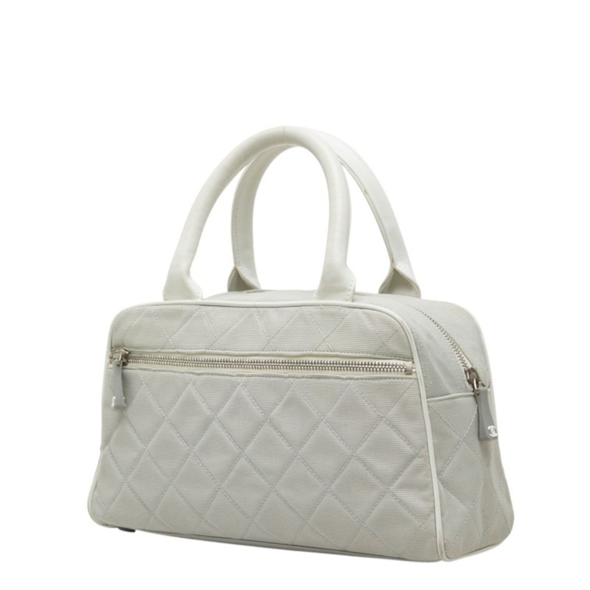 Chanel Gray White Canvas Leather Boston Bag (Pre-Owned)