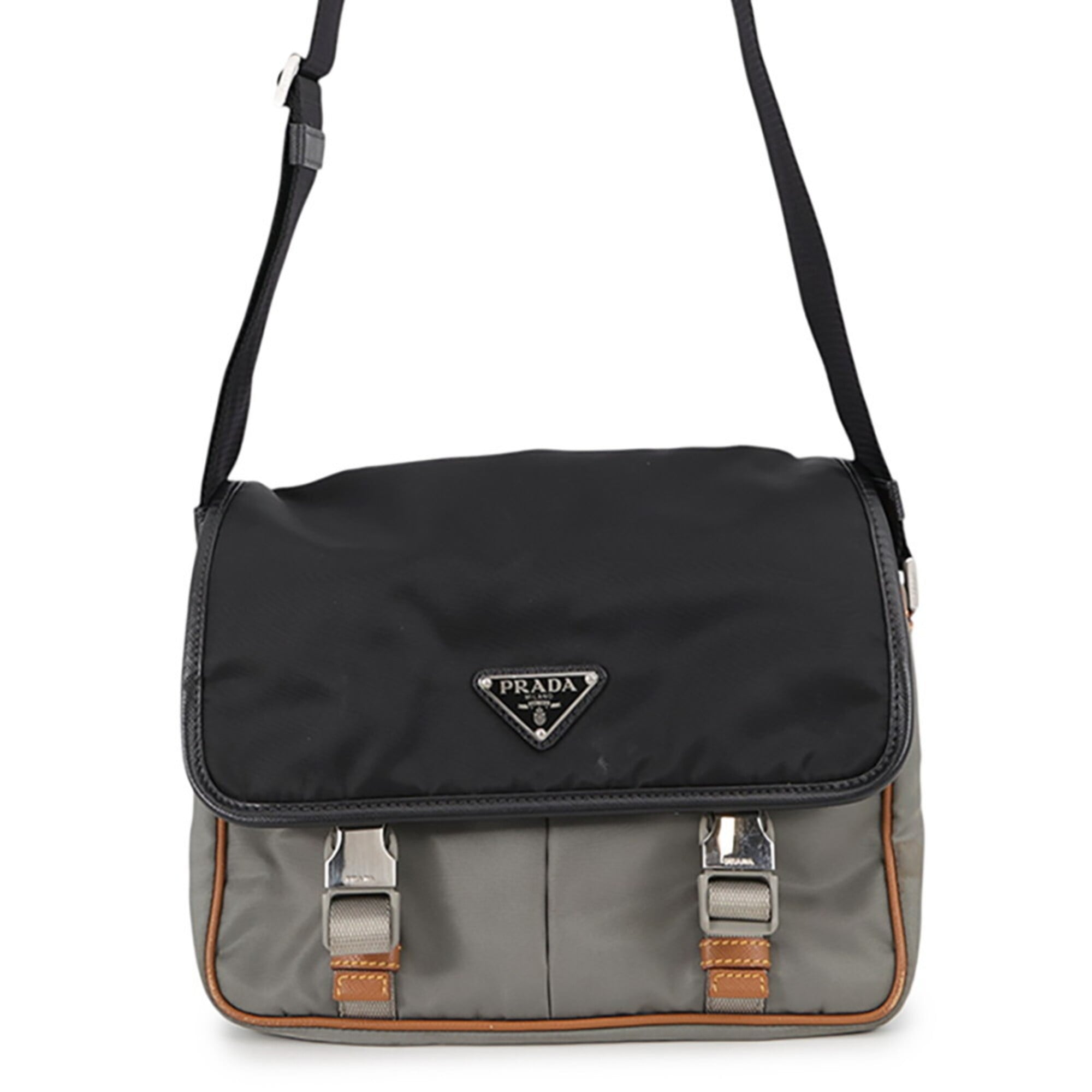 Prada Black Gray Brown Nylon Leather Handbag Shoulder Bag (Pre-Owned)