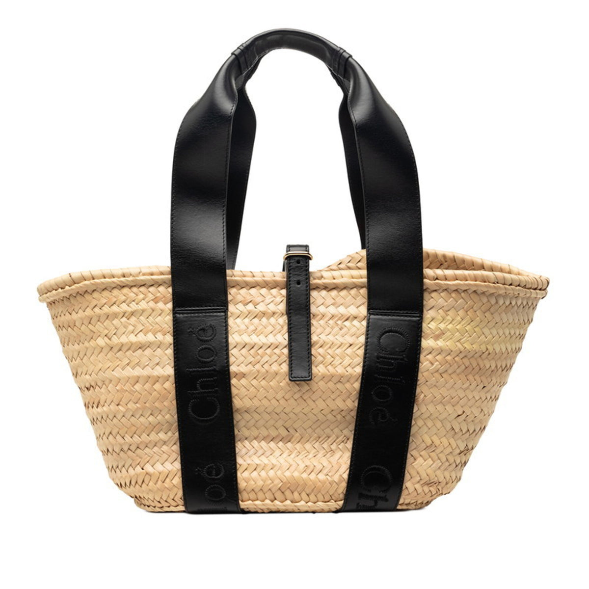 Chloé Beige Black Raffia Leather Basket Handbag (Pre-Owned)