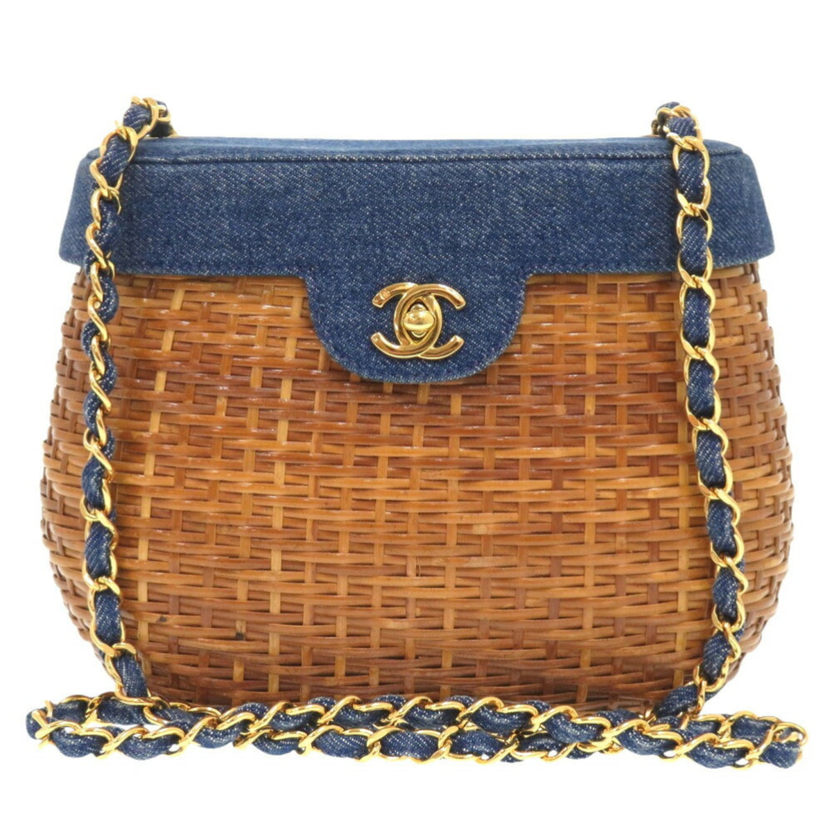 Chanel Navy Straw Leather Shoulder Bag (Pre-Owned)