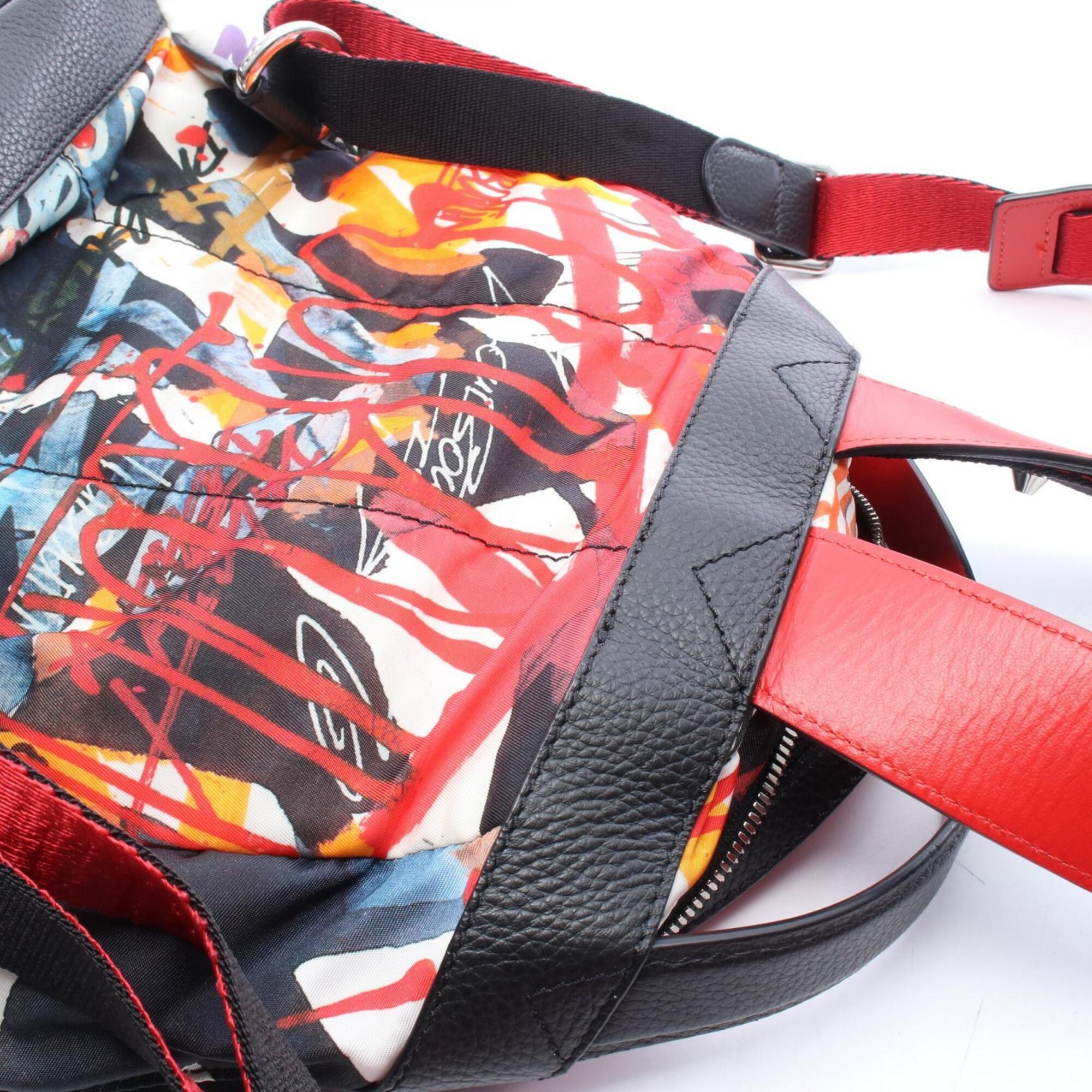 Christian Louboutin Black Multi-Color Red Color Nylon Leather Rubber Backpack Handbag (Pre-Owned)