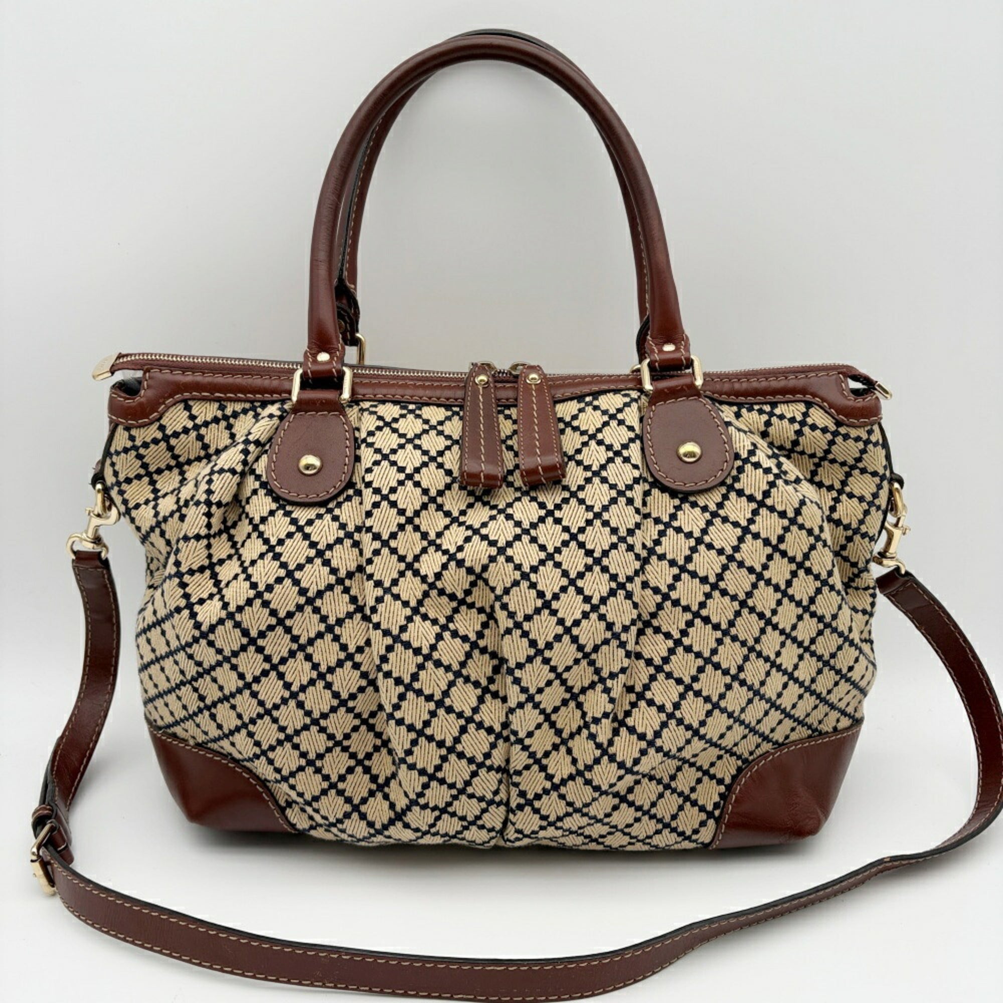 Gucci Beige Brown Canvas Leather Shoulder Bag (Pre-Owned)