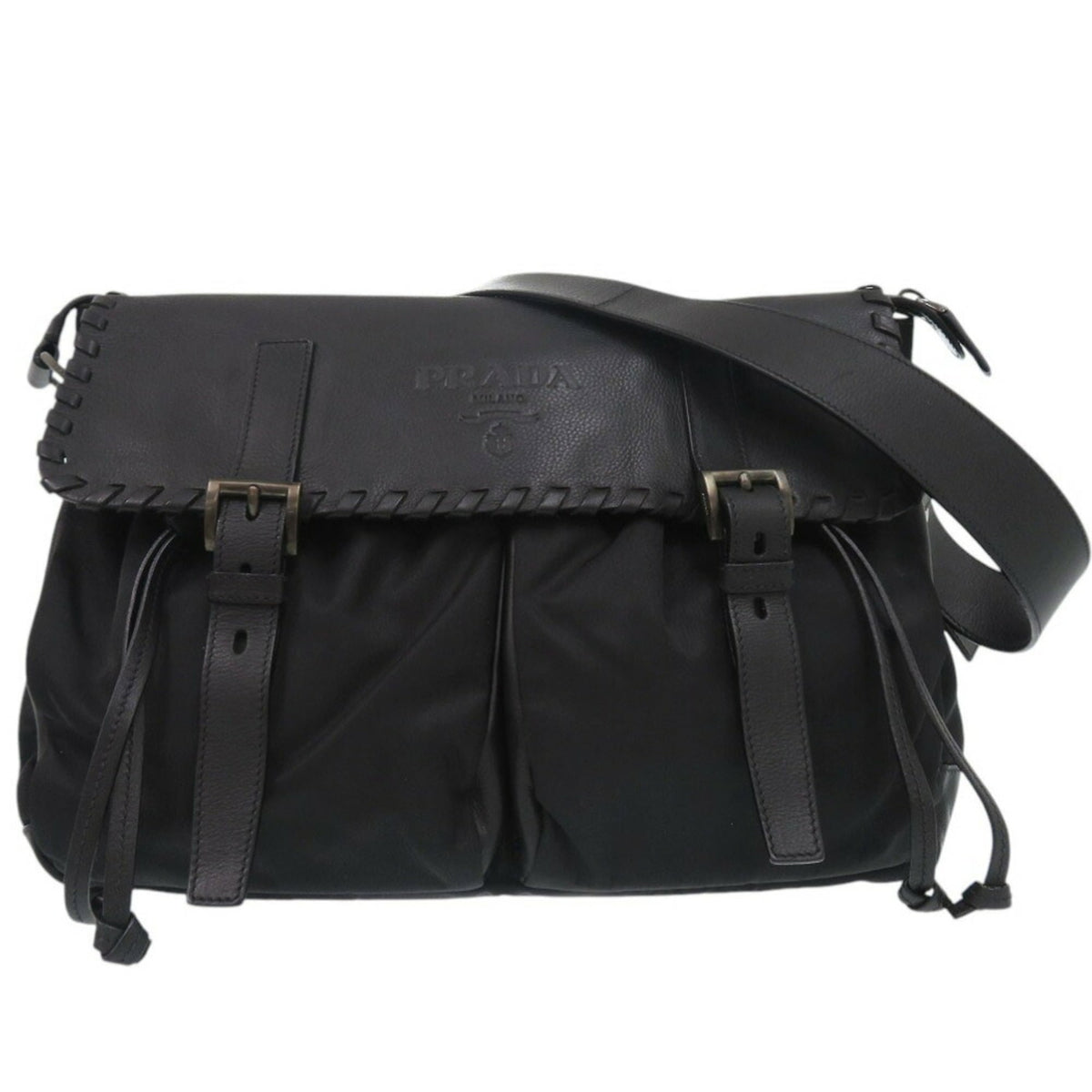 Prada Nero Leather Nylon Messenger Bag Shoulder Bag (Pre-Owned)