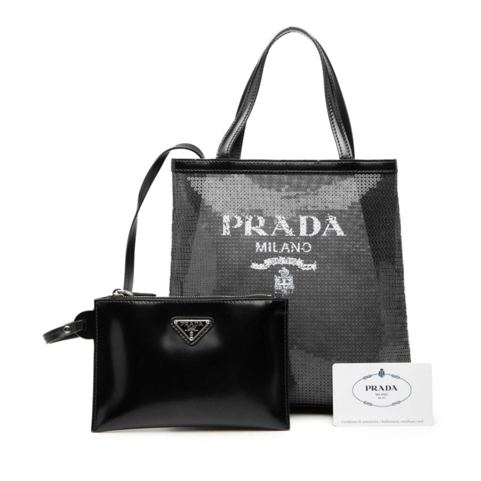 Prada Black Spangles Leather Mesh Handbag Tote Bag (Pre-Owned)