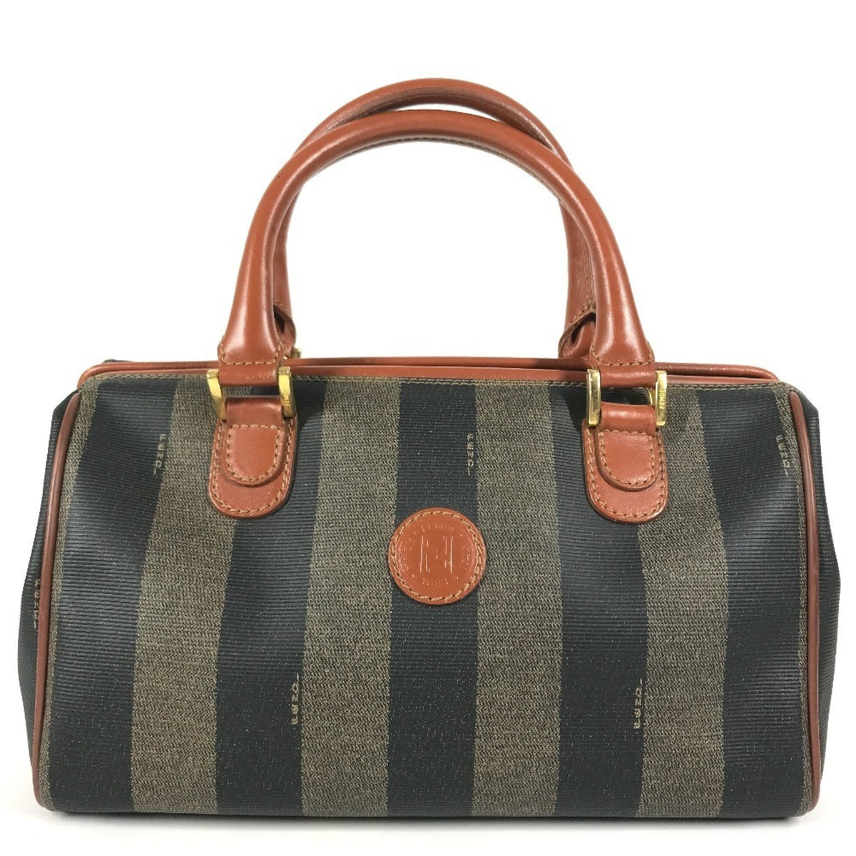 Fendi Pequin Brown Khaki Pvc Leather Boston Bag Handbag (Pre-Owned)