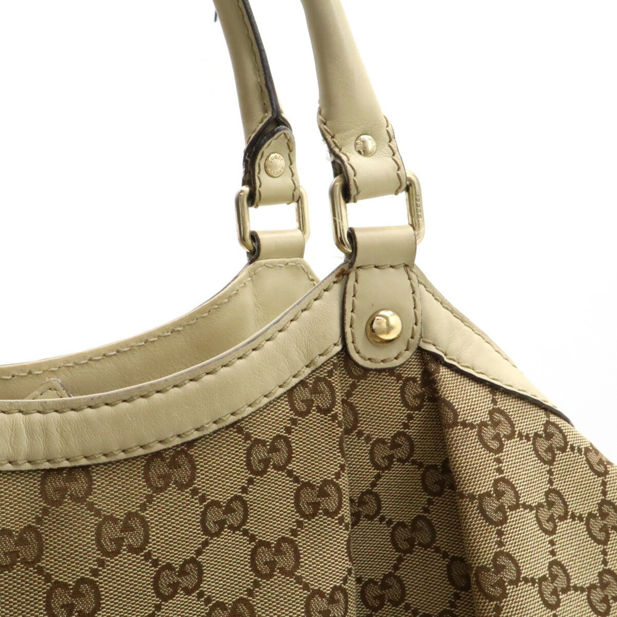 Gucci Beige Ivory Khaki Gg Canvas Leather Shoulder Bag Tote Bag (Pre-Owned)