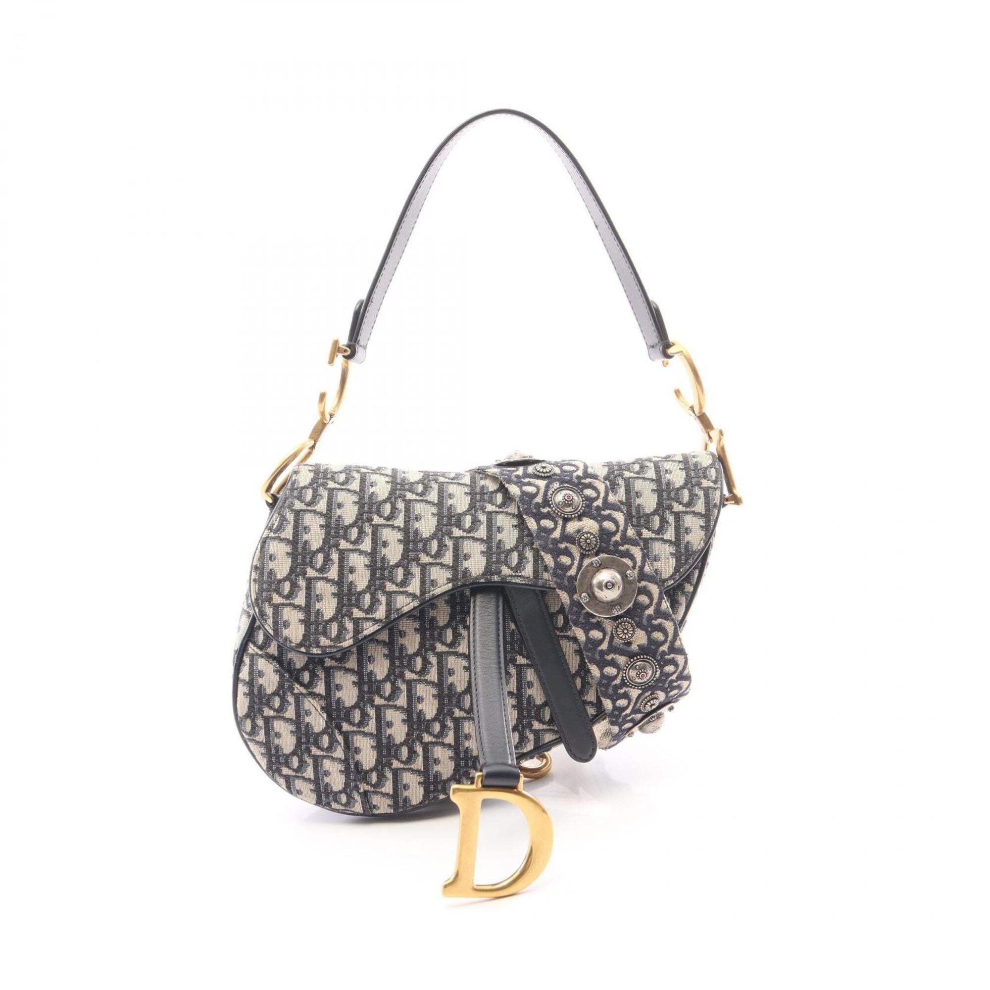 Christian Dior Navy Canvas Leather Handbag Saddle Bag (Pre-Owned)