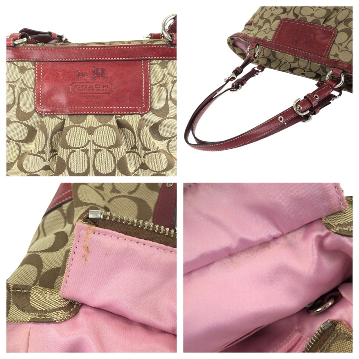 Coach Beige Red Color Canvas Leather Shoulder Bag Tote Bag (Pre-Owned)