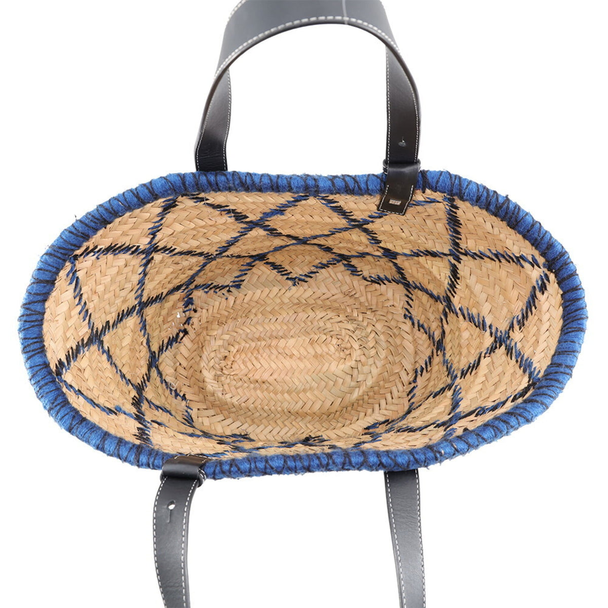 Loewe Beige Blue Navy Raffia Leather Basket Handbag (Pre-Owned)