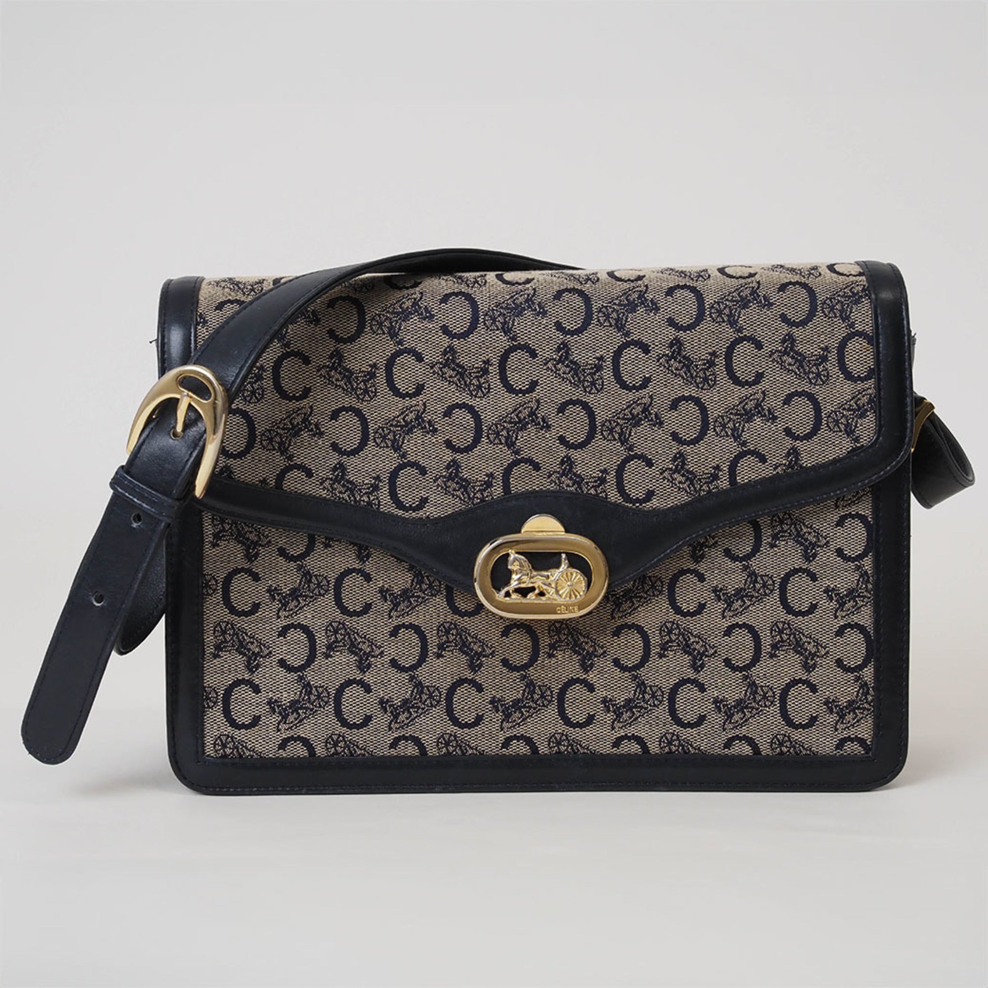 Celine Beige Navy Canvas Leather Shoulder Bag (Pre-Owned)