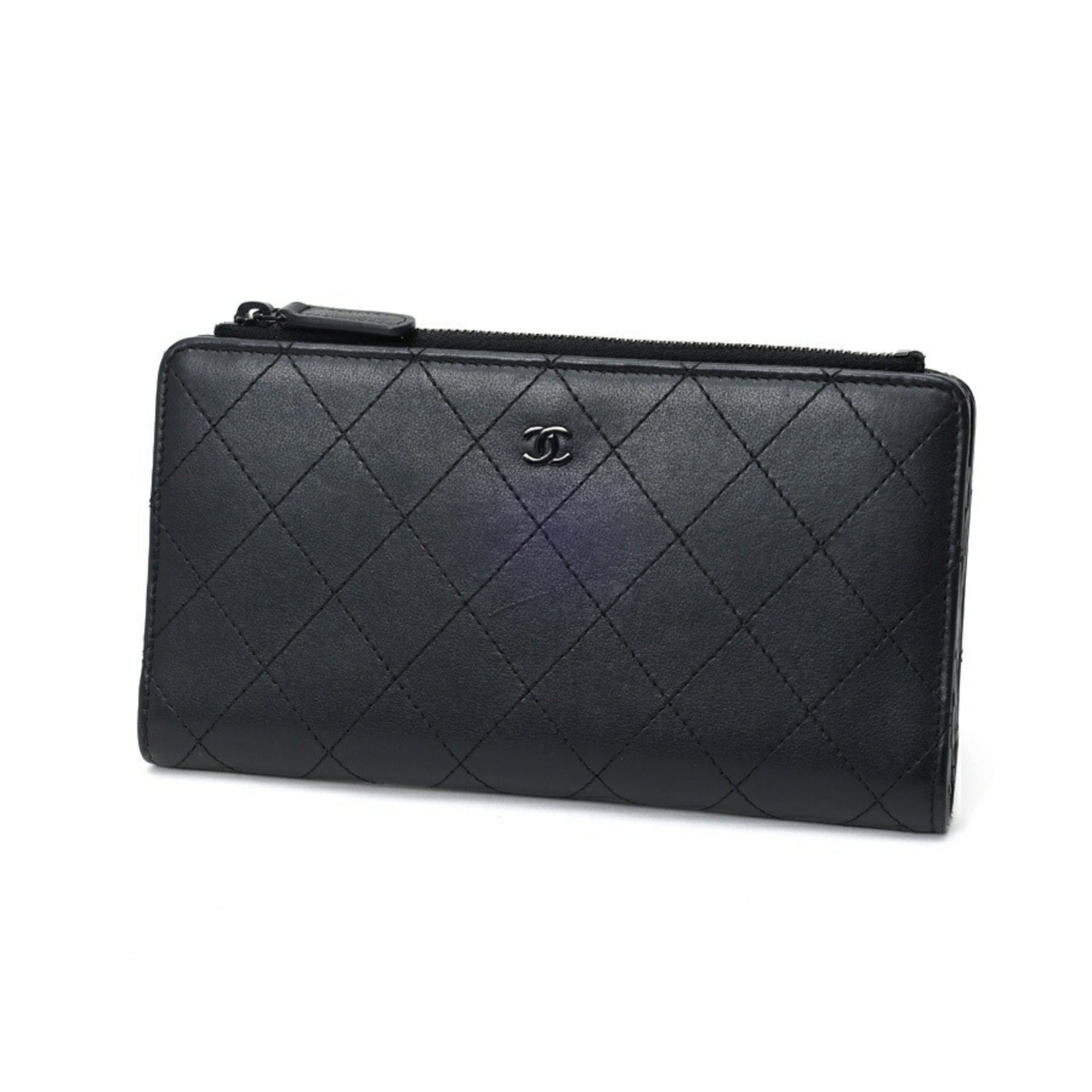Chanel Black Leather Long Wallet (Bi-Fold) (Pre-Owned)