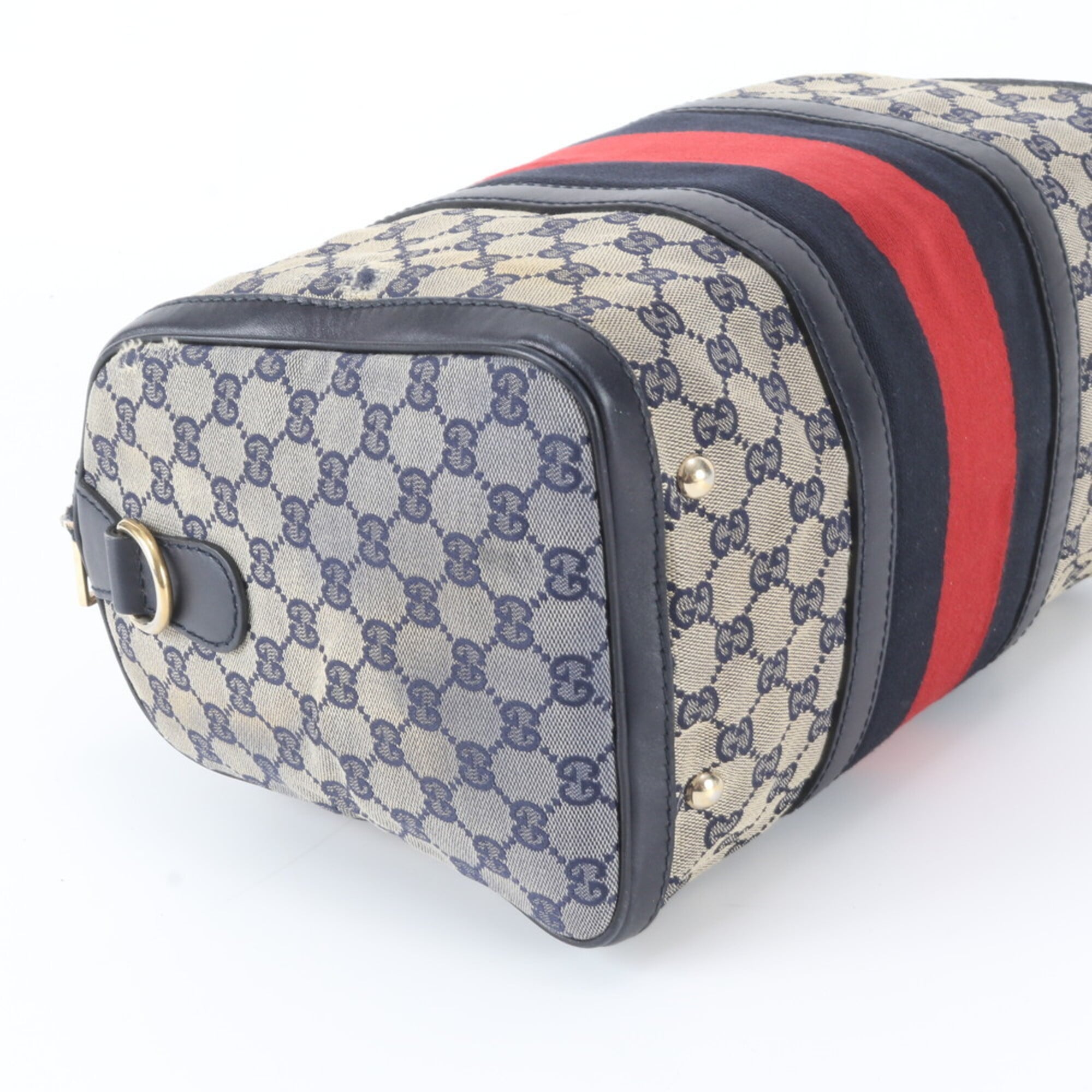 Gucci Gray Navy Leather Canvas Handbag Tote Bag (Pre-Owned)