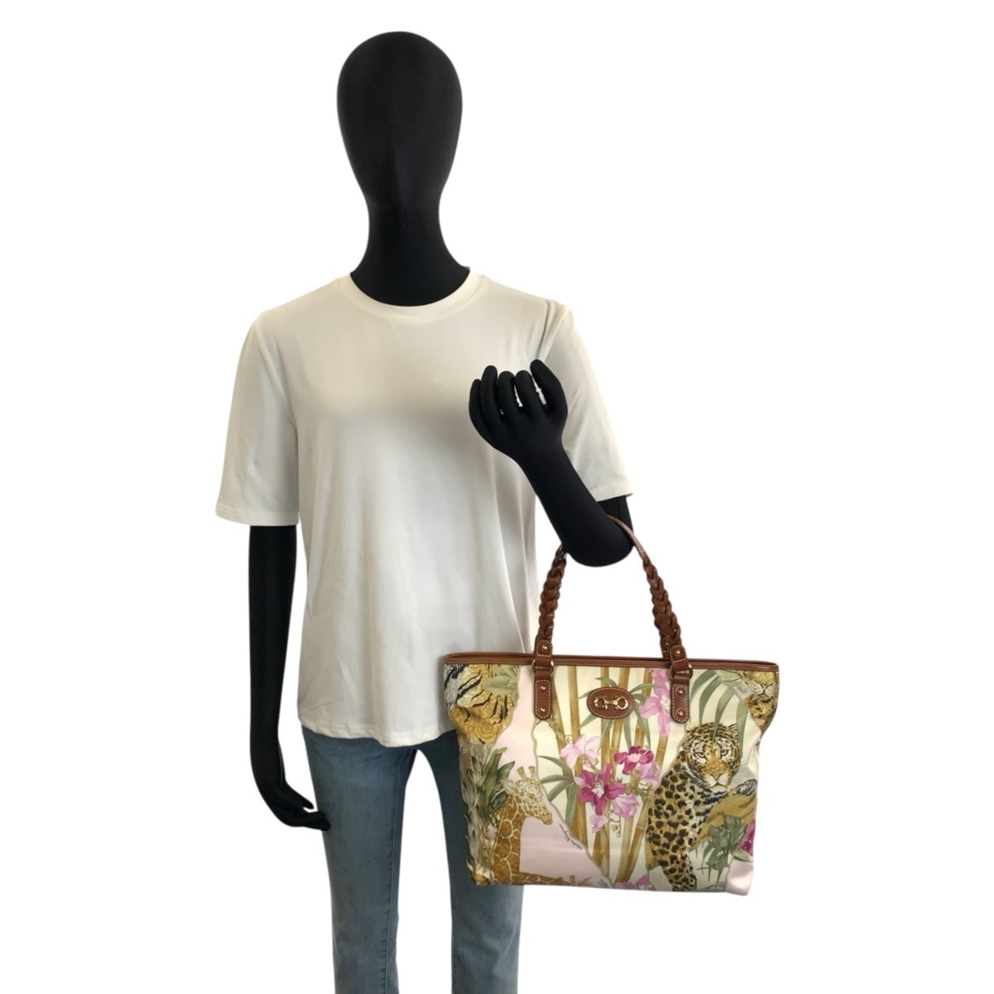 Salvatore Ferragamo Brown Multi-Color Nylon Leather Handbag Tote Bag (Pre-Owned)