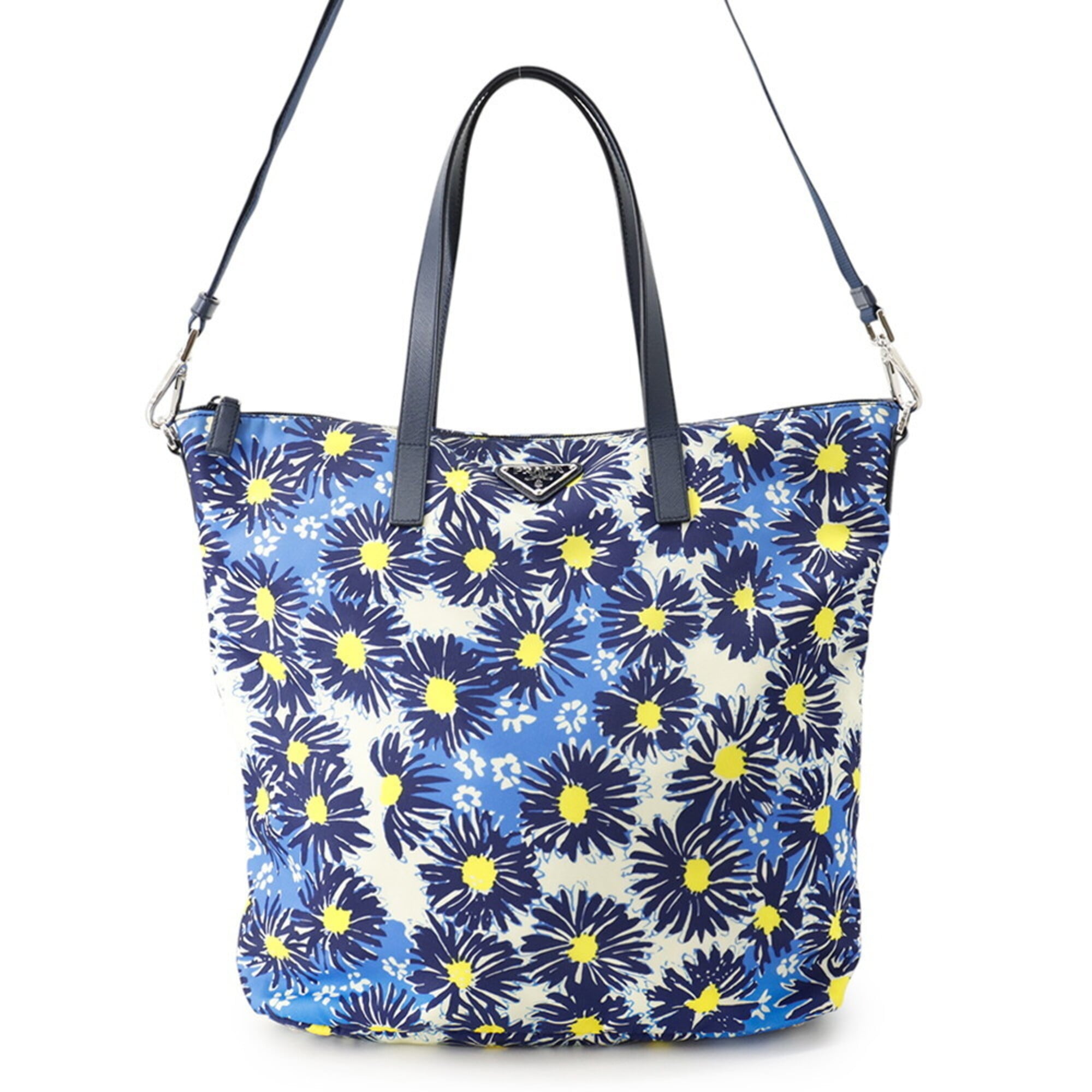 Prada Blue Yellow Nylon Leather Handbag Shoulder Bag Tote Bag (Pre-Owned)
