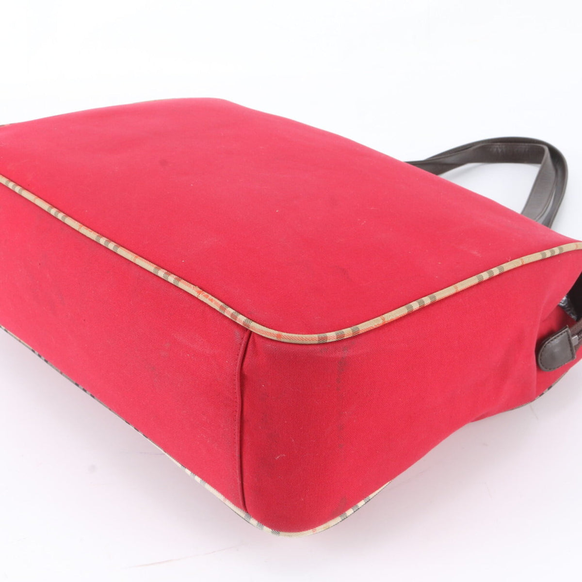 Burberry Red Color Leather Canvas Handbag Shoulder Bag Tote Bag (Pre-Owned)