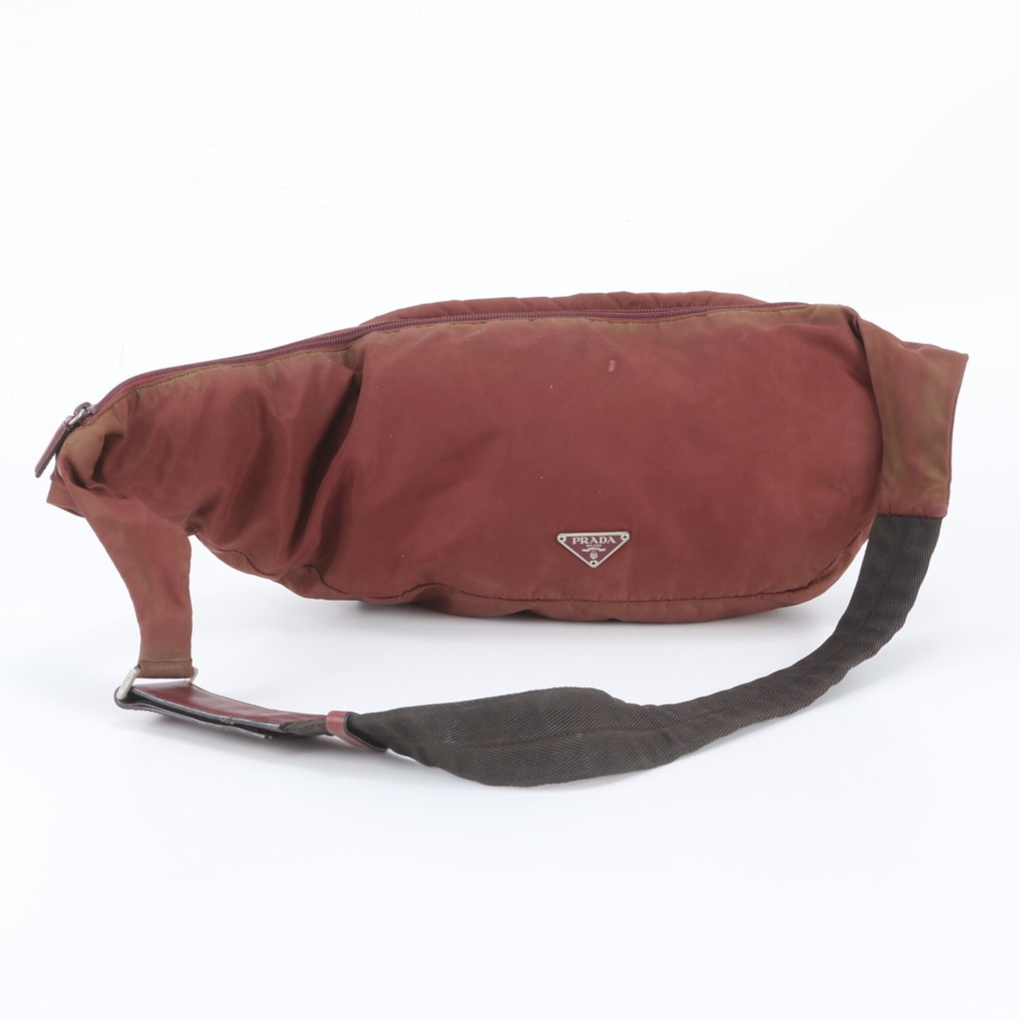 Prada Red Color Wine Leather Nylon Pouch Sling Bag (Pre-Owned)